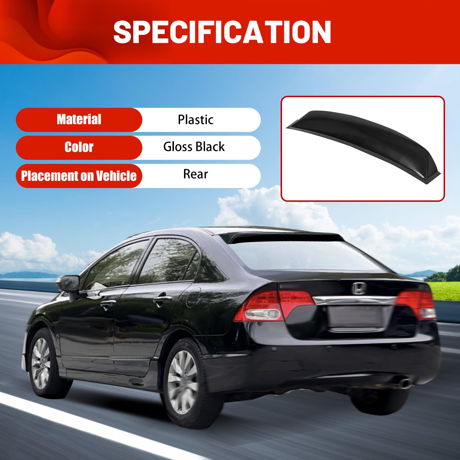 Ecotric Window Deflector Roof Spoiler Compatible With 2006-2011 Honda Civic 4Dr Sedan Black Rear Visor Vent Wing Abs Guards Shade