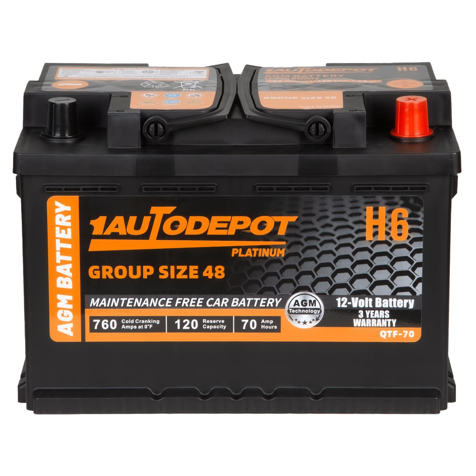 Bci Group 48 Car Battery, 12V 70Ah Size H6 Automotive Battery Premium Maintenance Free Agm Batteries, 760Cca, 120Rc, 36 Months W