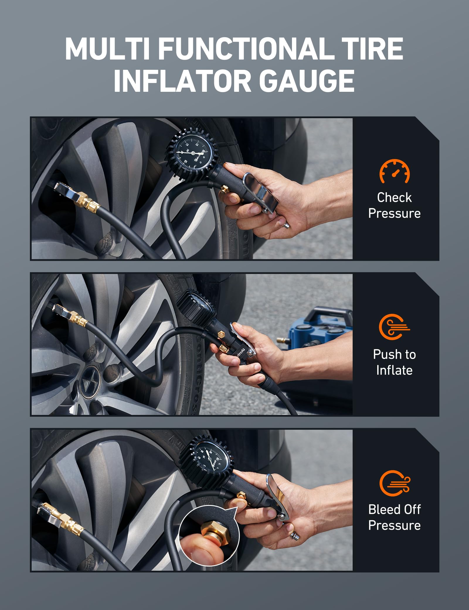 AstroAI Glow Dial Tire Inflator with Pressure Gauge 100 PSI, Heavy Duty with Large 2'' Easy Read Glow Dial, Air Chuck, Quick Con
