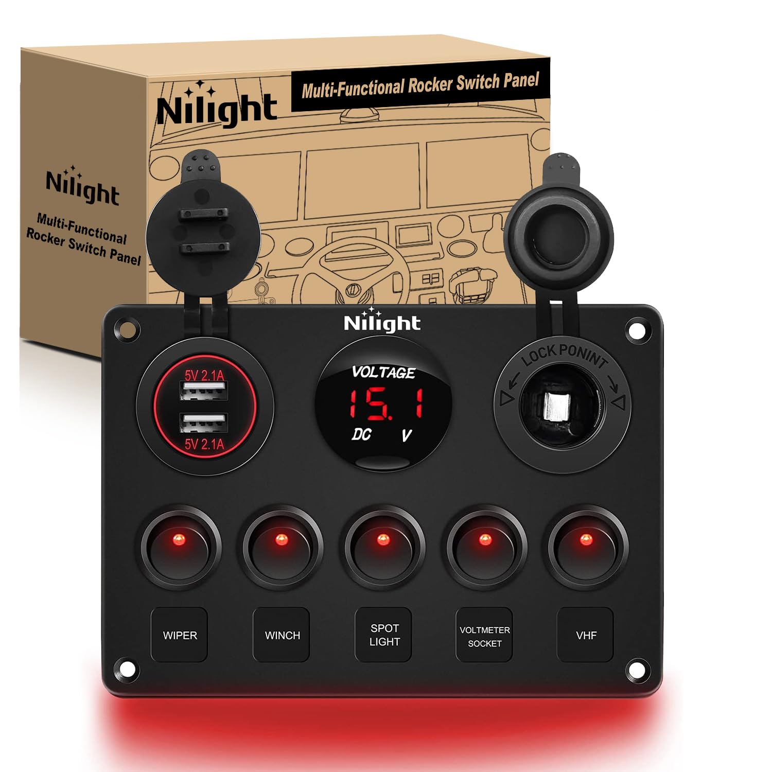 Nilight 5 Gang Multi Function Rocker Switch Backlit Dual Usb Charger, Digital Voltmeter, 12V Outlet Pre-Wired Switch Panel With 