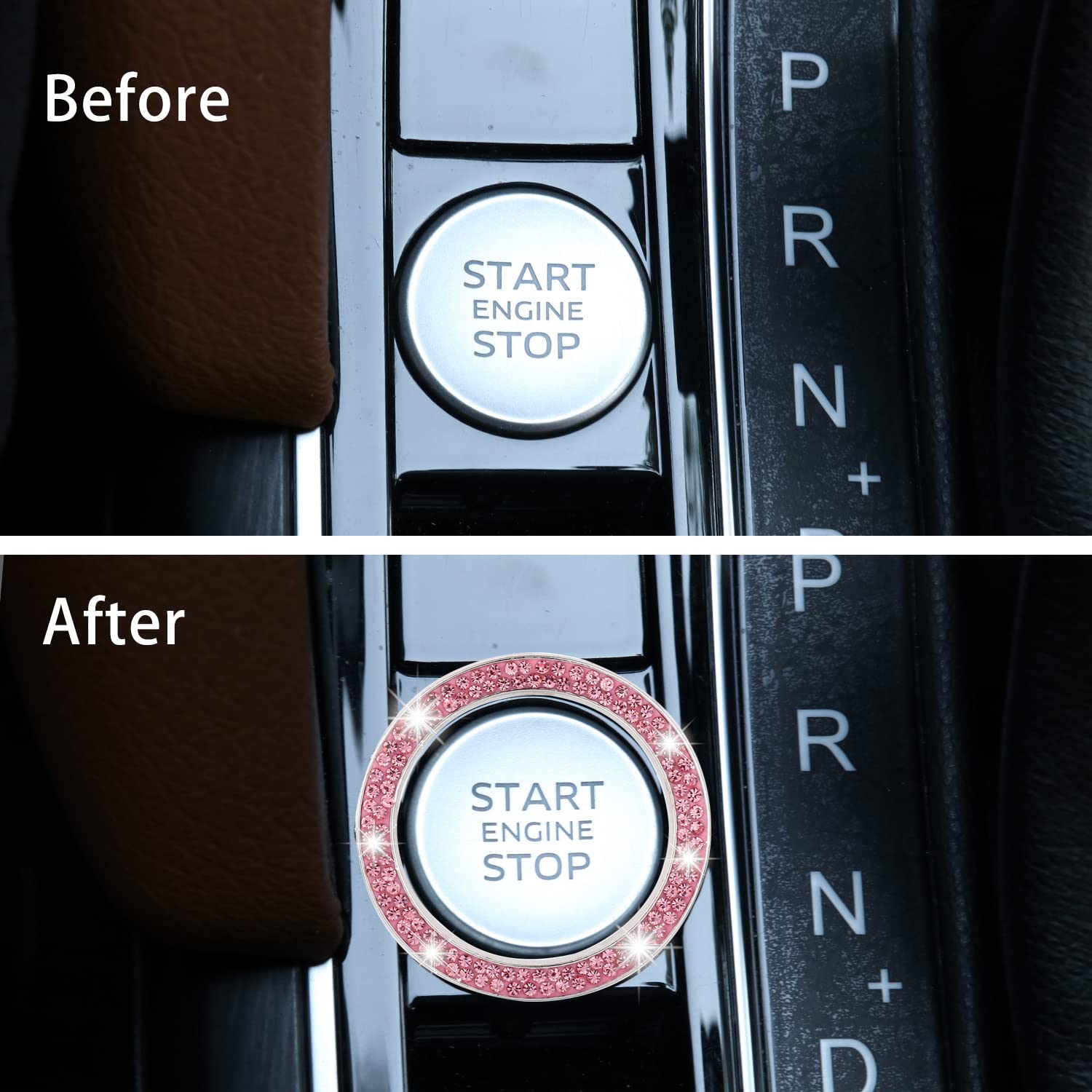 Livtee 2 Pcs Crystal Double Rhinestone Car Engine Start Stop Decoration Ring, Bling Car Interior Accessories For Women, Push To Start Button Cover/Sticker, Key Ignition & Knob Bling Ring, Pink