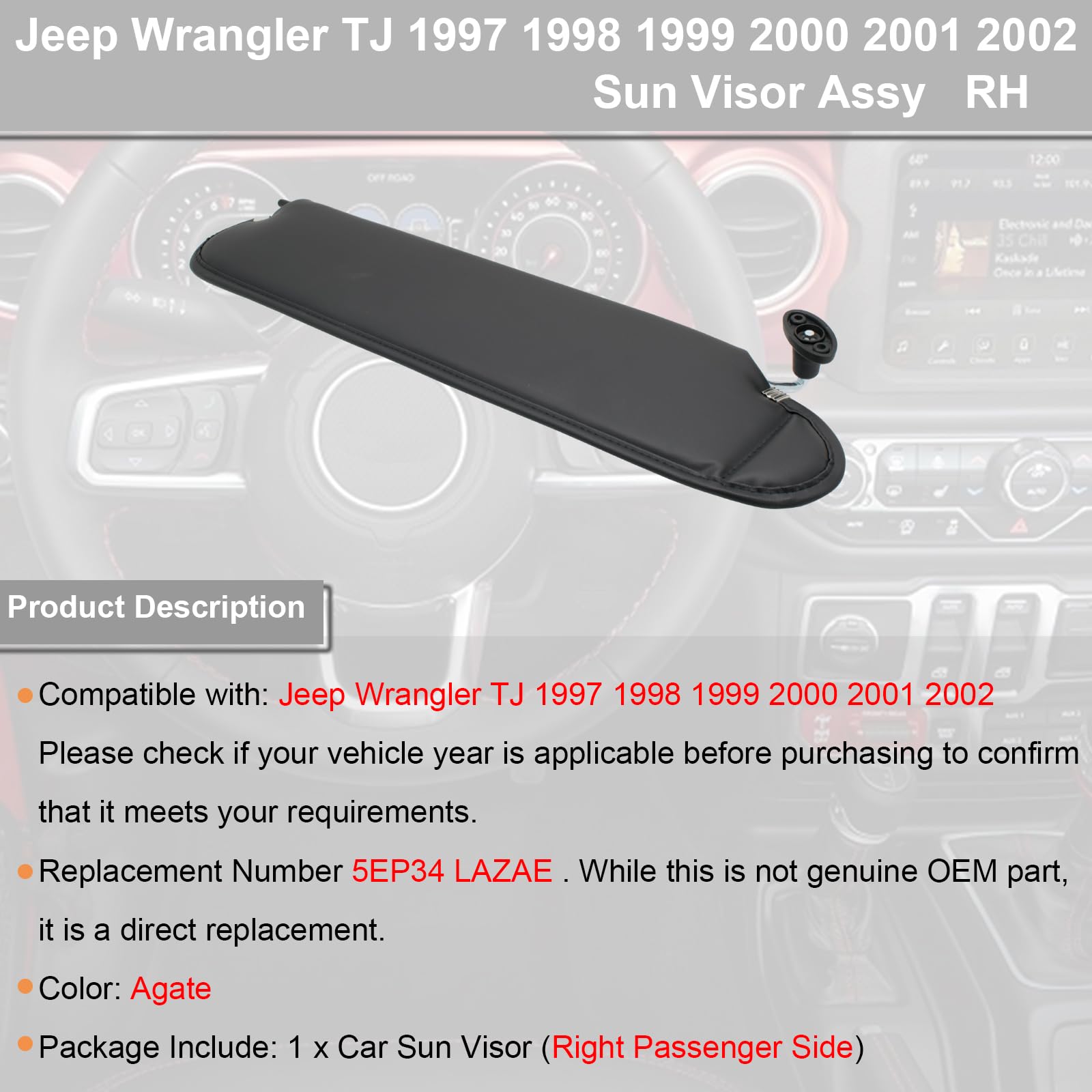 NHILES Right Passenger Sun Visor Compatible with Jeep Wrangler TJ 1997 1998 1999 2000 2001 2002 Sunshade Replacement Number 5EP3