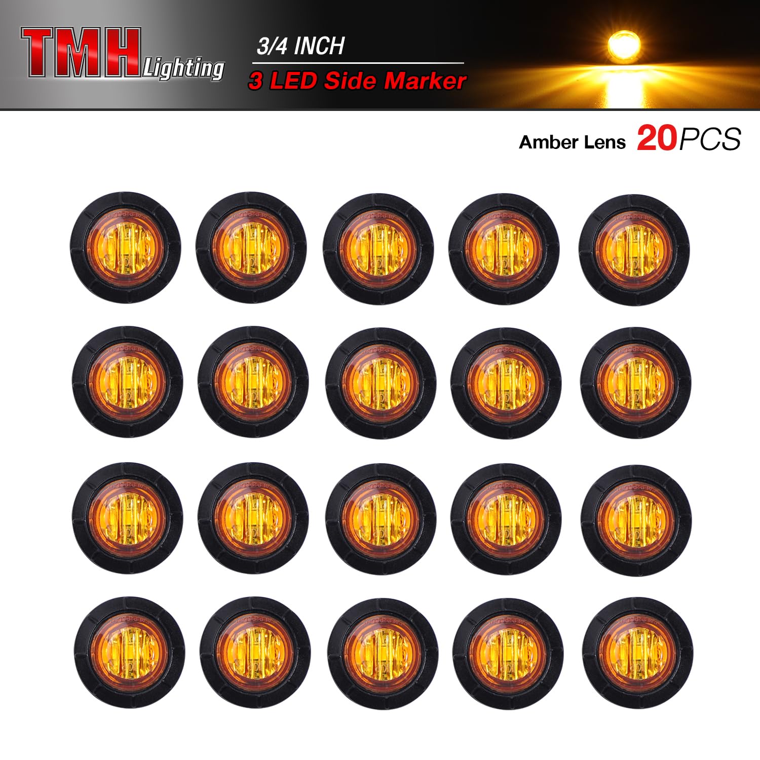 Tmh (Pack Of 20 3/4 Inch Mount Amber Led Clearance Bullet Marker Lights, Side Led Marker Lights For Trailer Truck Rv Car Bus Van
