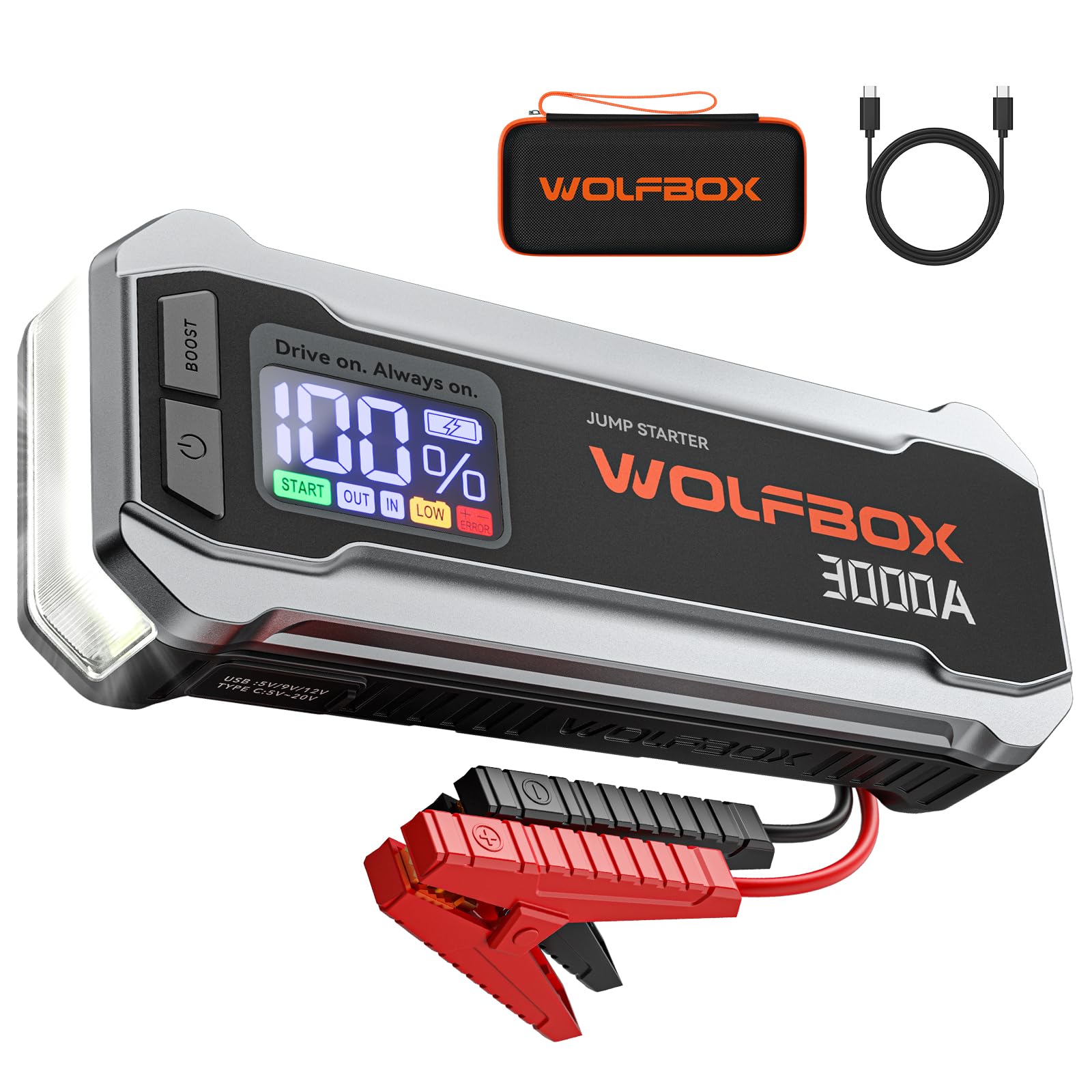 Wolfbox 3000A Jump Starter,12V Car Battery Jump Starter,65W Quick Charge(Adapter Not Included) 16000Mah Portable Jump Starter Ba