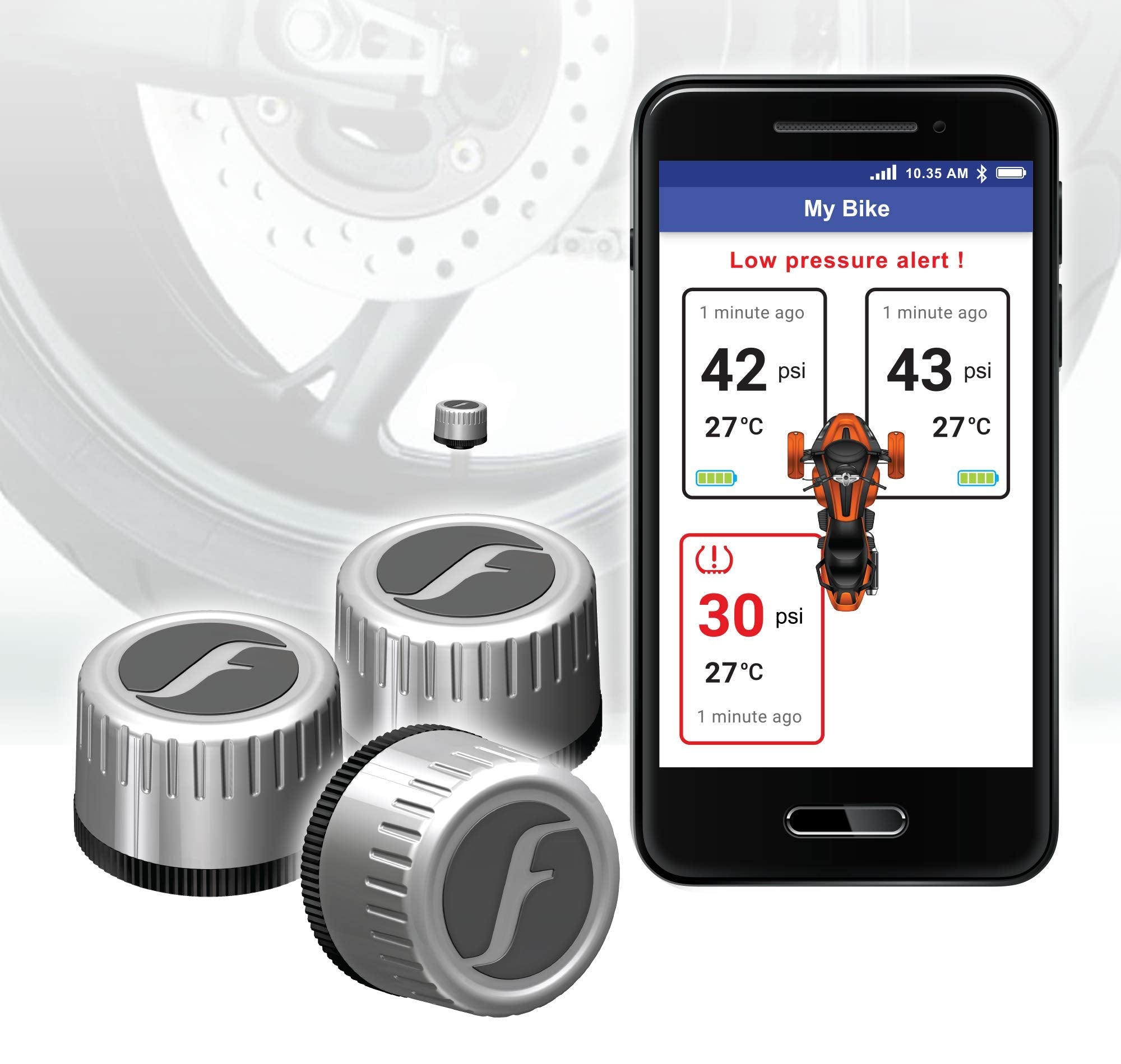 FOBO Bike 2 for Trike Smart Bluetooth TPMS Tire Pressure Monitoring Systems (Silver) Support Android, iOS and BRP Connect, 6 Lev
