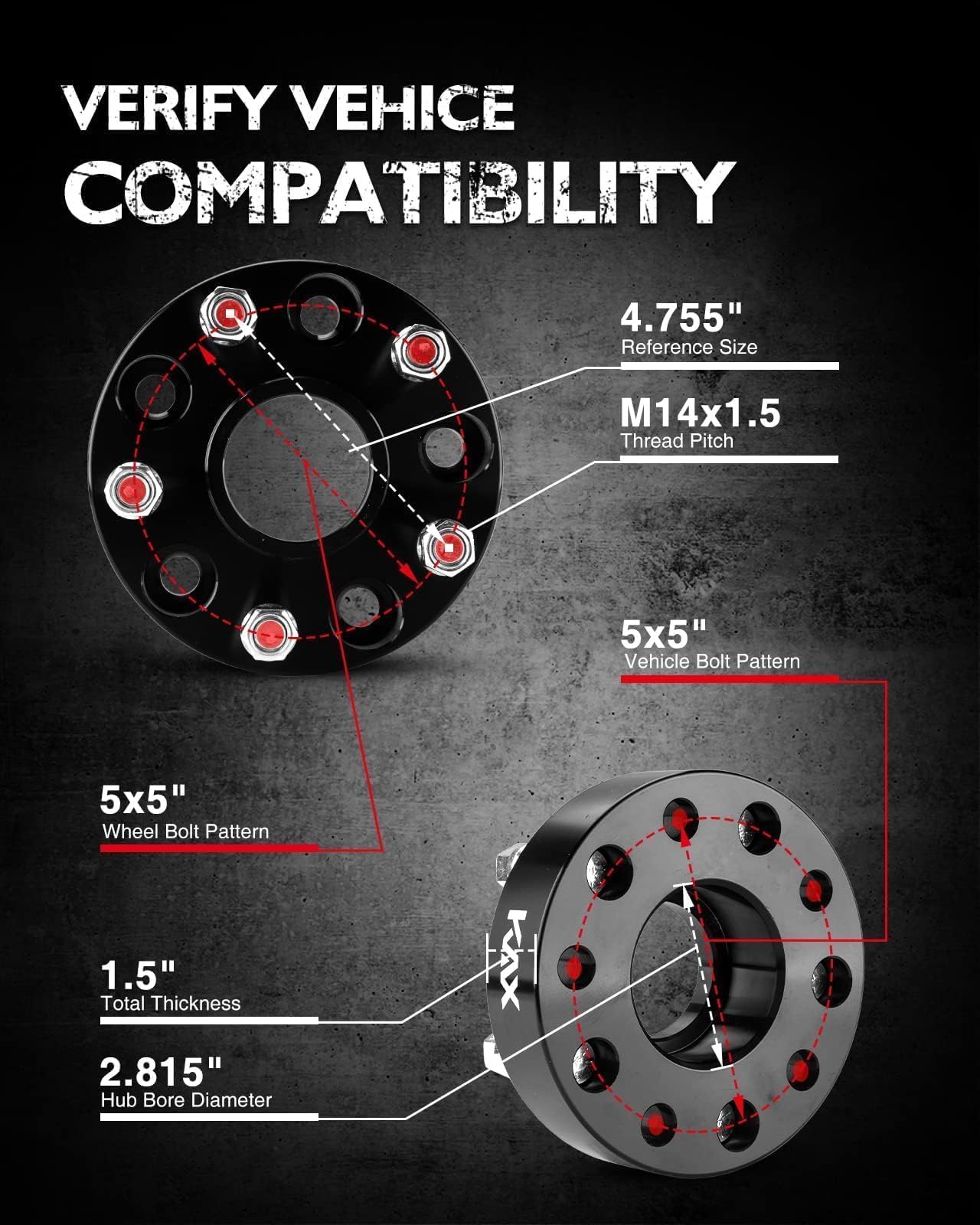 Kax 5X5 Wheel Spacers,1.5 Inch 5 Lug Hub Centric Wheel Spacers Fit For Grand Cherokee, Wrangler, Gladiator, Durango With M14X1.5