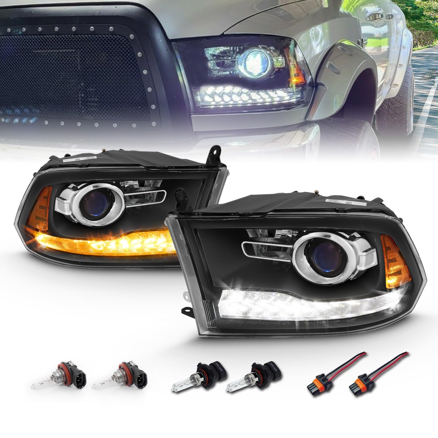 Amerilite For 2009-2018 Dodge Ram 1500 2500 3500 Dual/Projector Models Switchback Led Tube Matte Black Replacement Headlight Ass