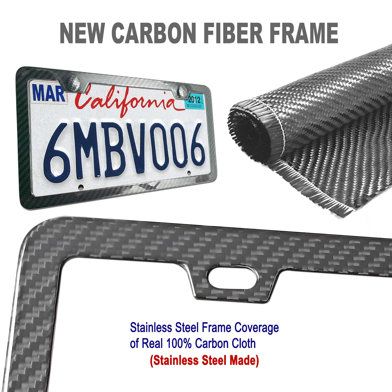Zxfoog Carbon Fiber License Plate Frame- 100% Handcrafted Real Carbon Fiber Cloth Wrapped Holder, Slim Black Stainless Steel Car