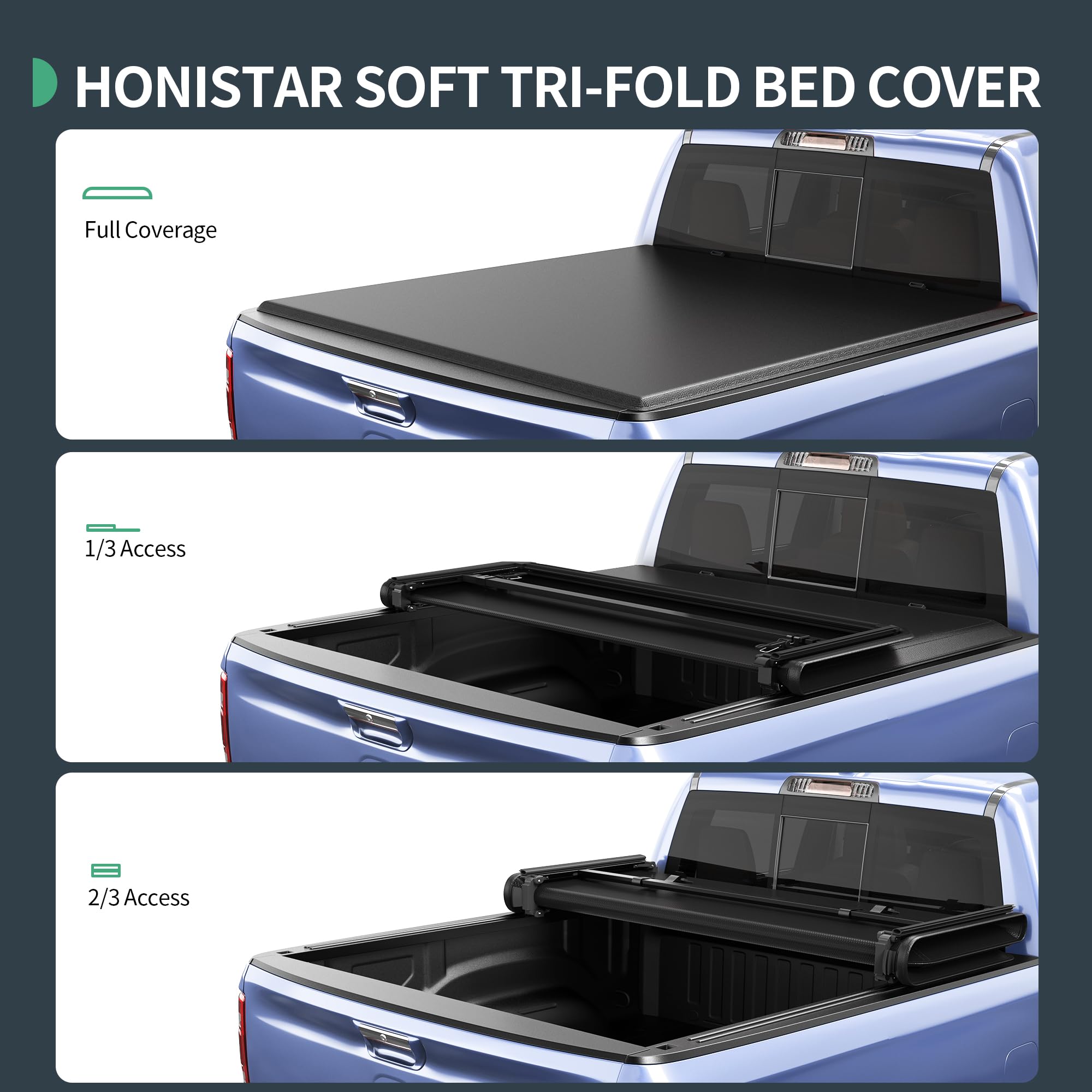 Soft Tri-fold Tonneau Cover Fit for Toyota Tacoma 2016-2023 with Track Rail System(Excl. Trail), Fleetside 6 Ft Bed