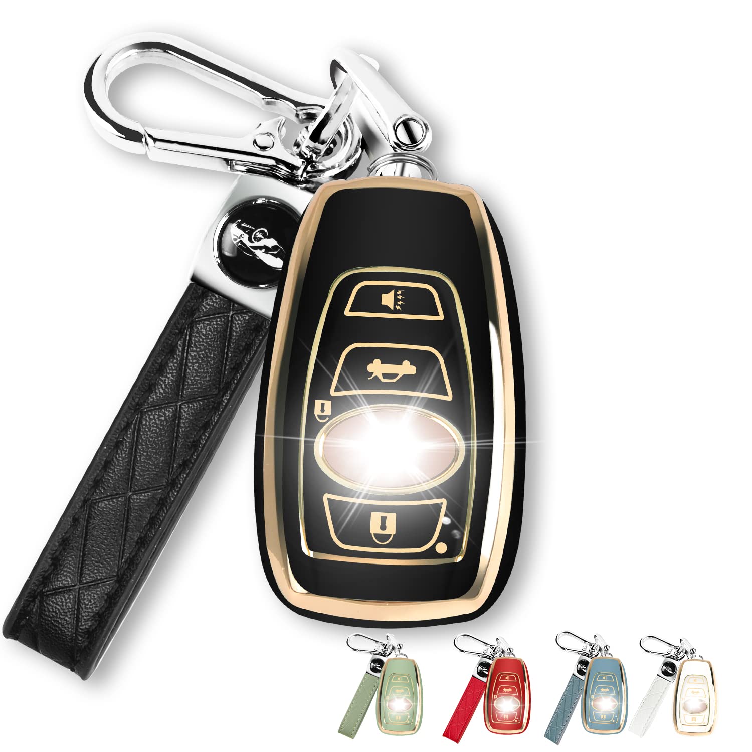 Qbuc For Subaru Key Fob Cover Case With Genuine Leather Keychain For Subaru Forester Crosstrek Ascent Outback Legacy Wrx Etc (Bl