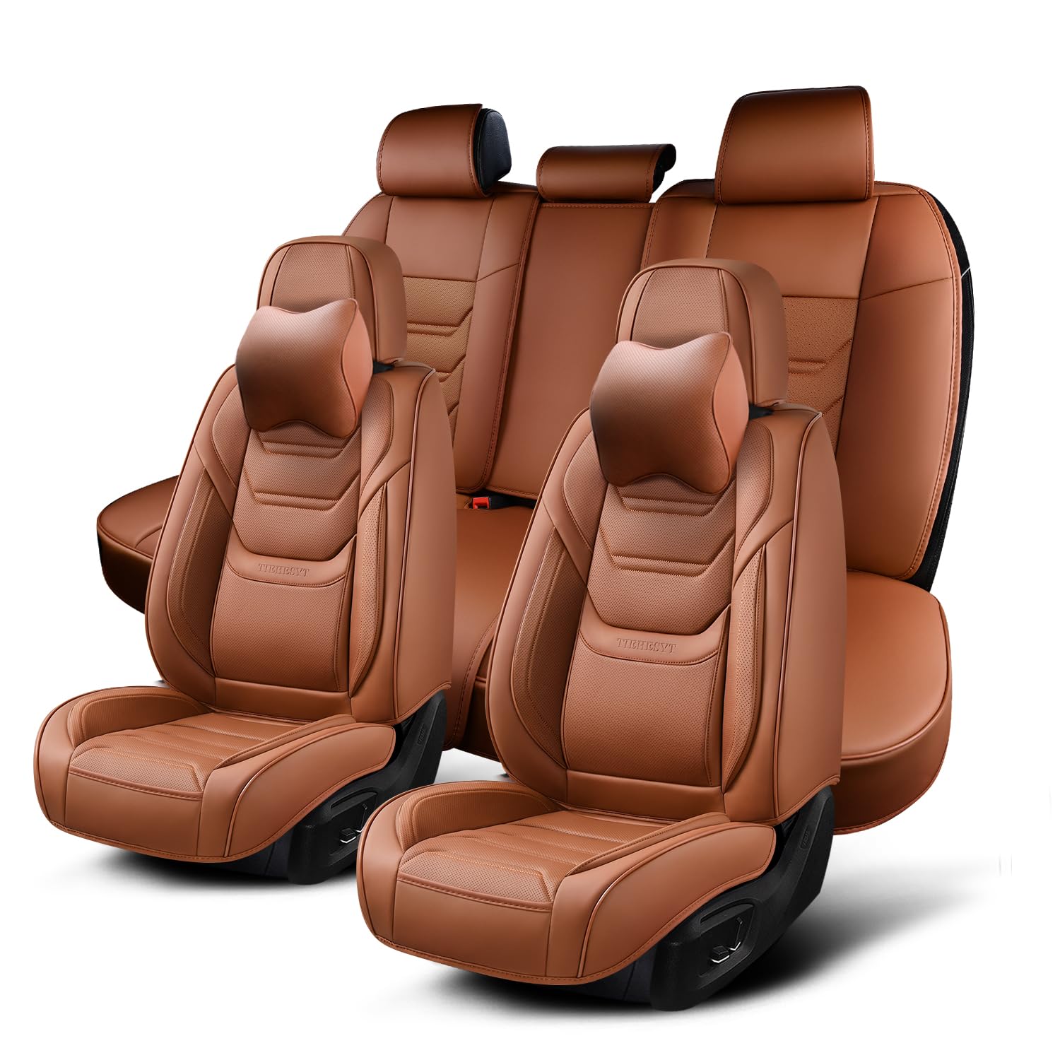 TIEHESYT Car Seat Covers Full Set, Breathable Leather Automotive Front and Rear Seat Covers & Headrest for Reduce The Driving Fatigue, Compatible with Most Vehicles, Cars (Brown, Front Pair)