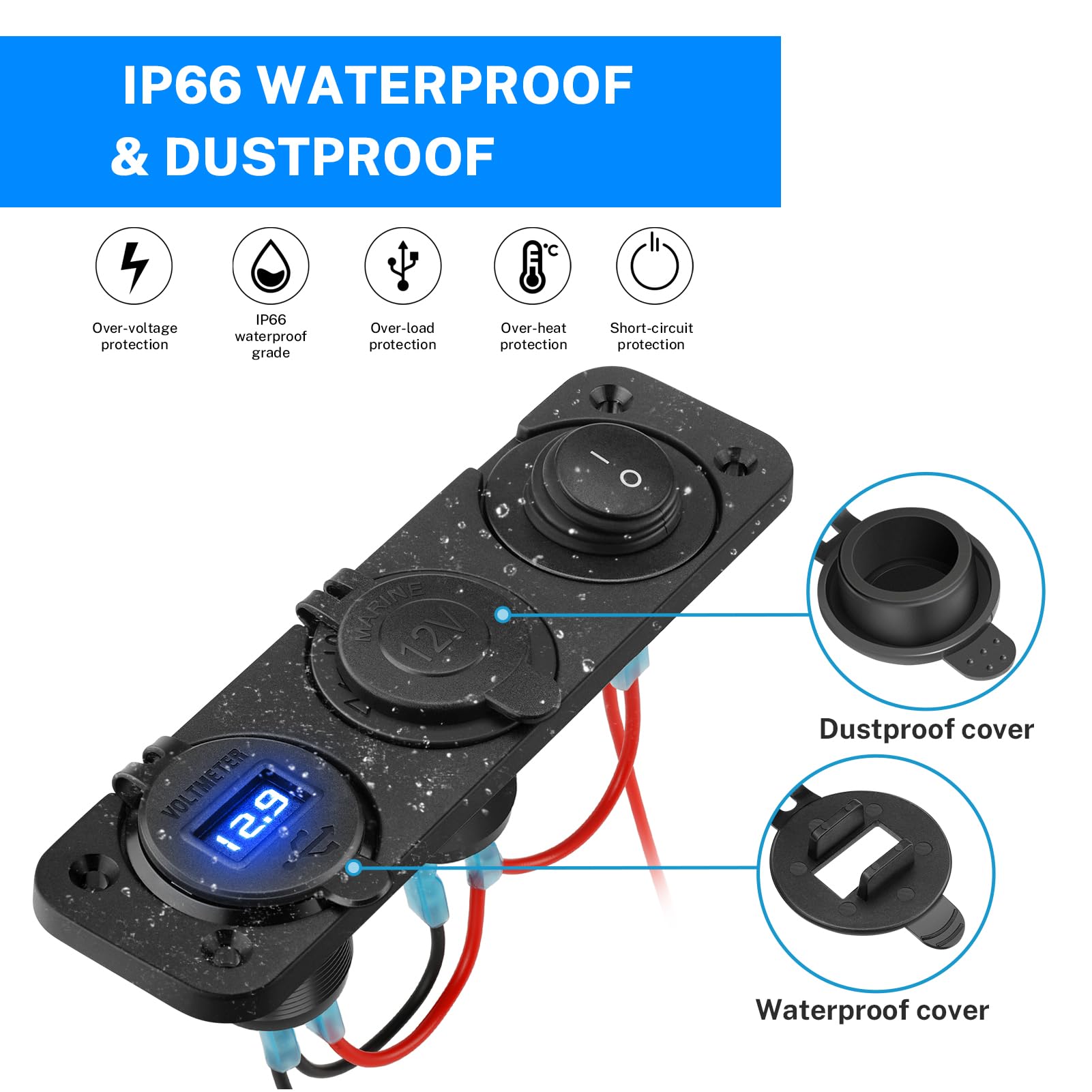 Kohree 12V Marine Boat Cigarette Lighter Socket, 3 In 1 Waterproof Car Dual Qc3.0 Usb Outlet Panel 12 Volt Rv Power Socket Led Display Waterproof Charger Socket
