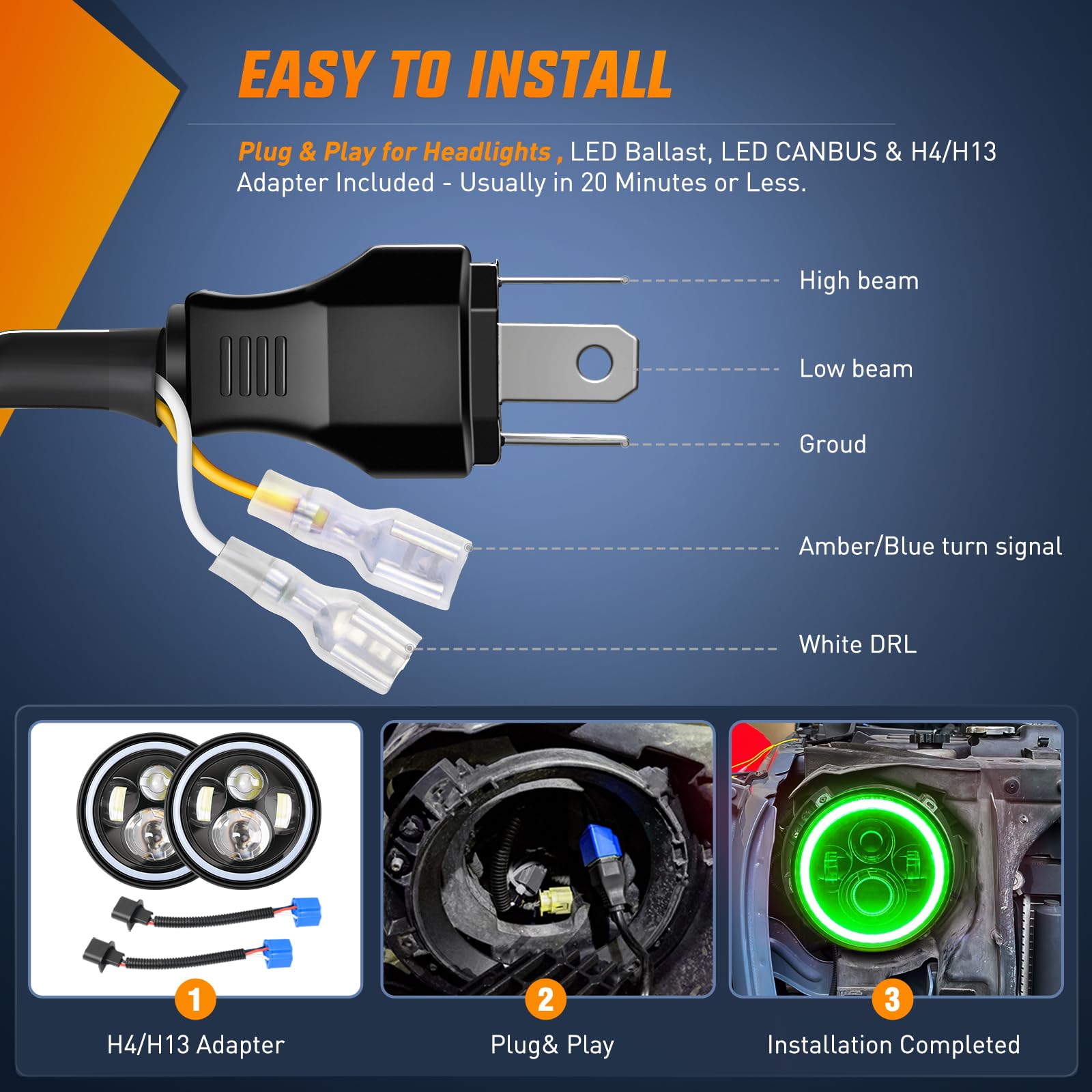 Nilight 7 Inch Round Led Halo Headlights W/Turn Signal Amber Light Green Drl High Low Beam 7    Headlight Compatible With 2007 2