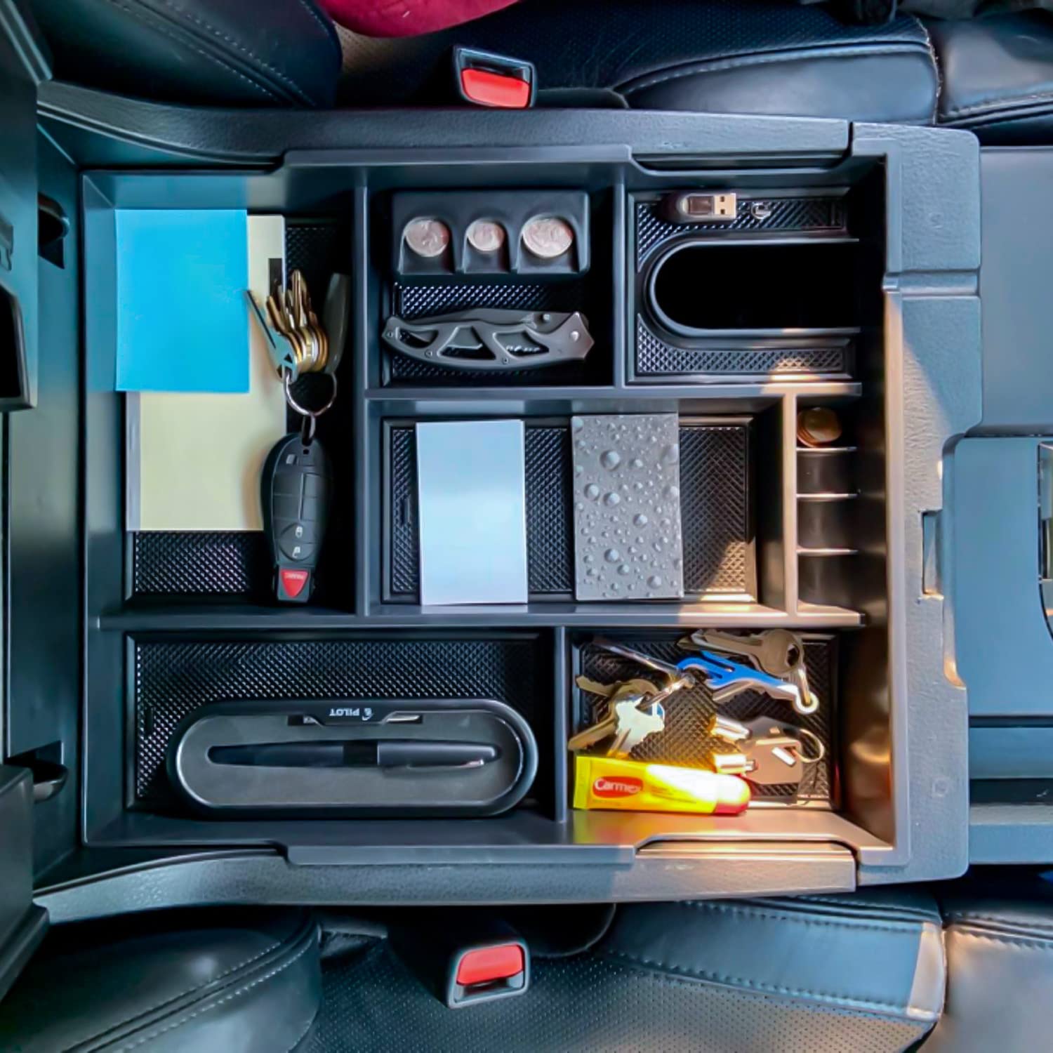 TACOBRO Center Console Organizer for 2014-2021 Tundra, Black Plastic Insert Tray, Model TBTY22-B, Crewmax Armrest Storage Box