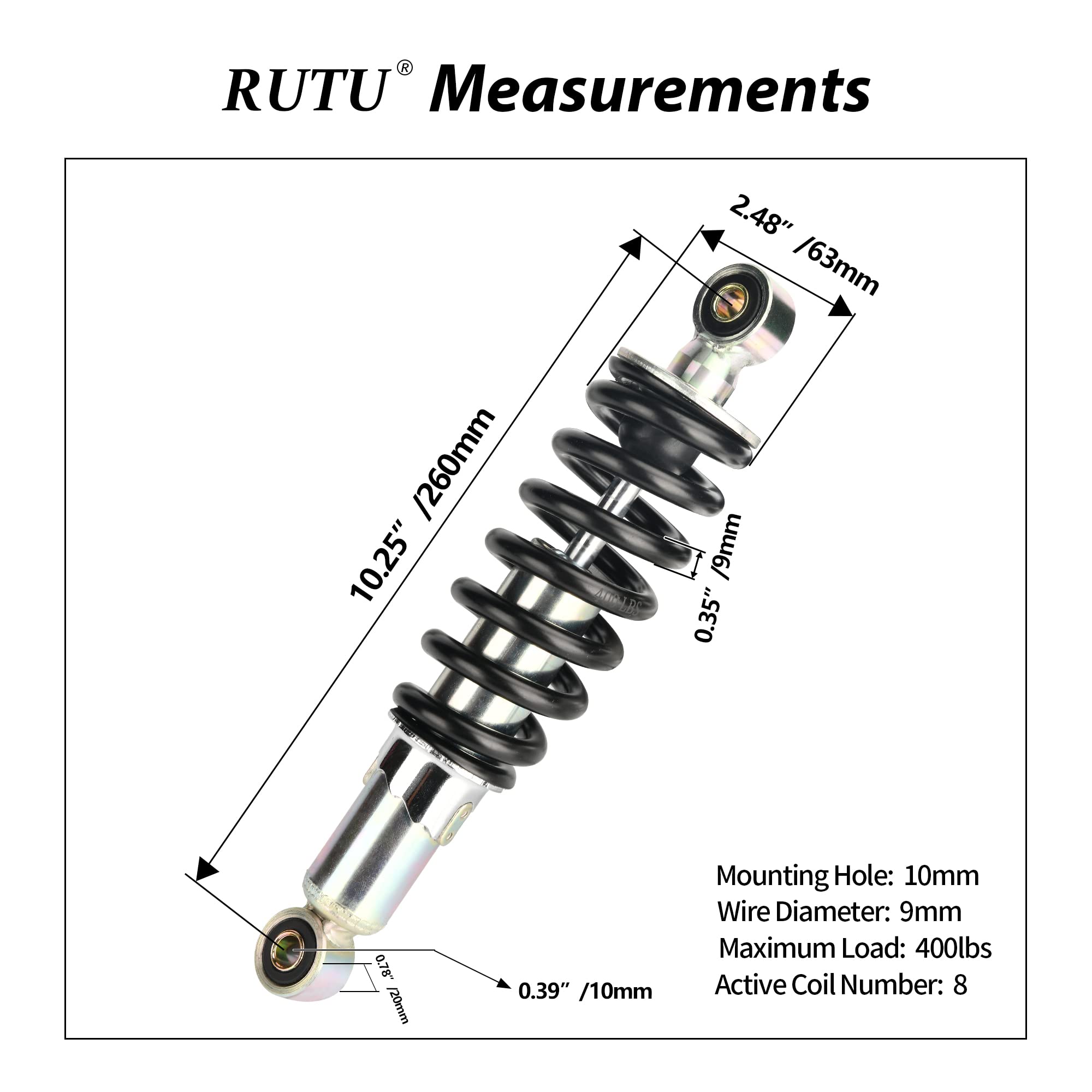 Rutu 10.25' 260Mm Rear Shock, Mono Shock, Universal Pit Bike Shock Replacement For Sdg Ssr Pitster Lifan 110Cc 125Cc 140Cc 200Cc 250Cc Pit Dirt Bike 400Lbs - Black