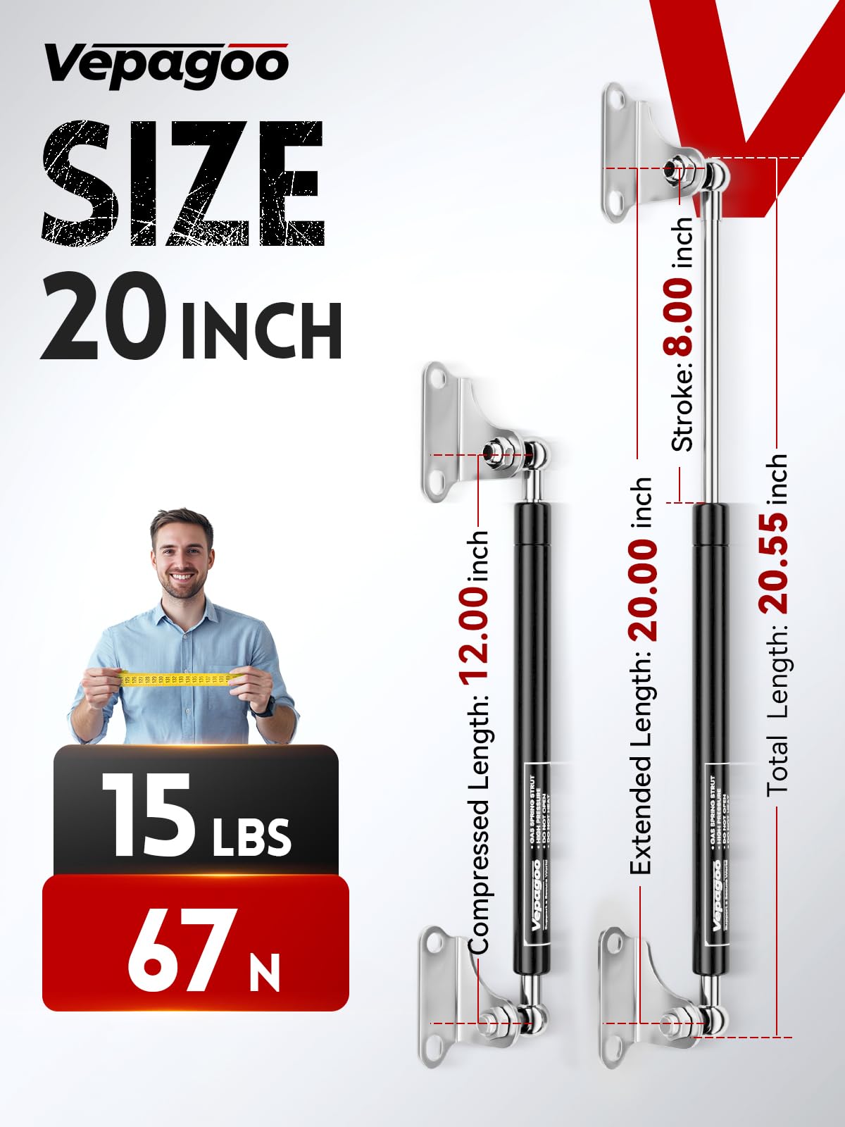 Vepagoo Gas Struts 20 Inch 15Lb/67N Shock With Mounting Brackets, Tv Box Storage Lid Trap Door Boat Engine Hatch Lift, Heavy Lid