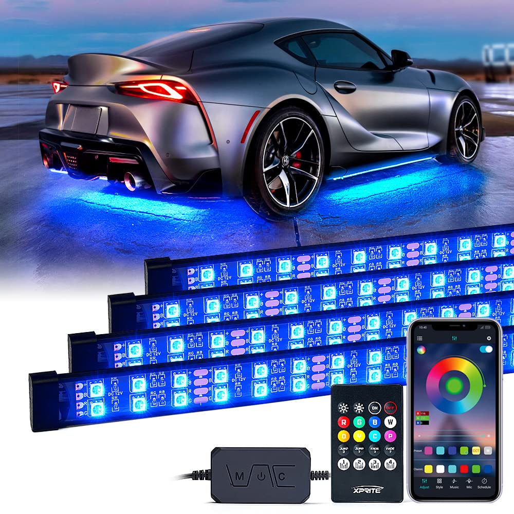 Xprite Double Row Rgb Led Car Underglow Bluetooth Lights Strip, 4 Pcs Underbody Neon Cars Exterior Glow Light Kit W/App Control
