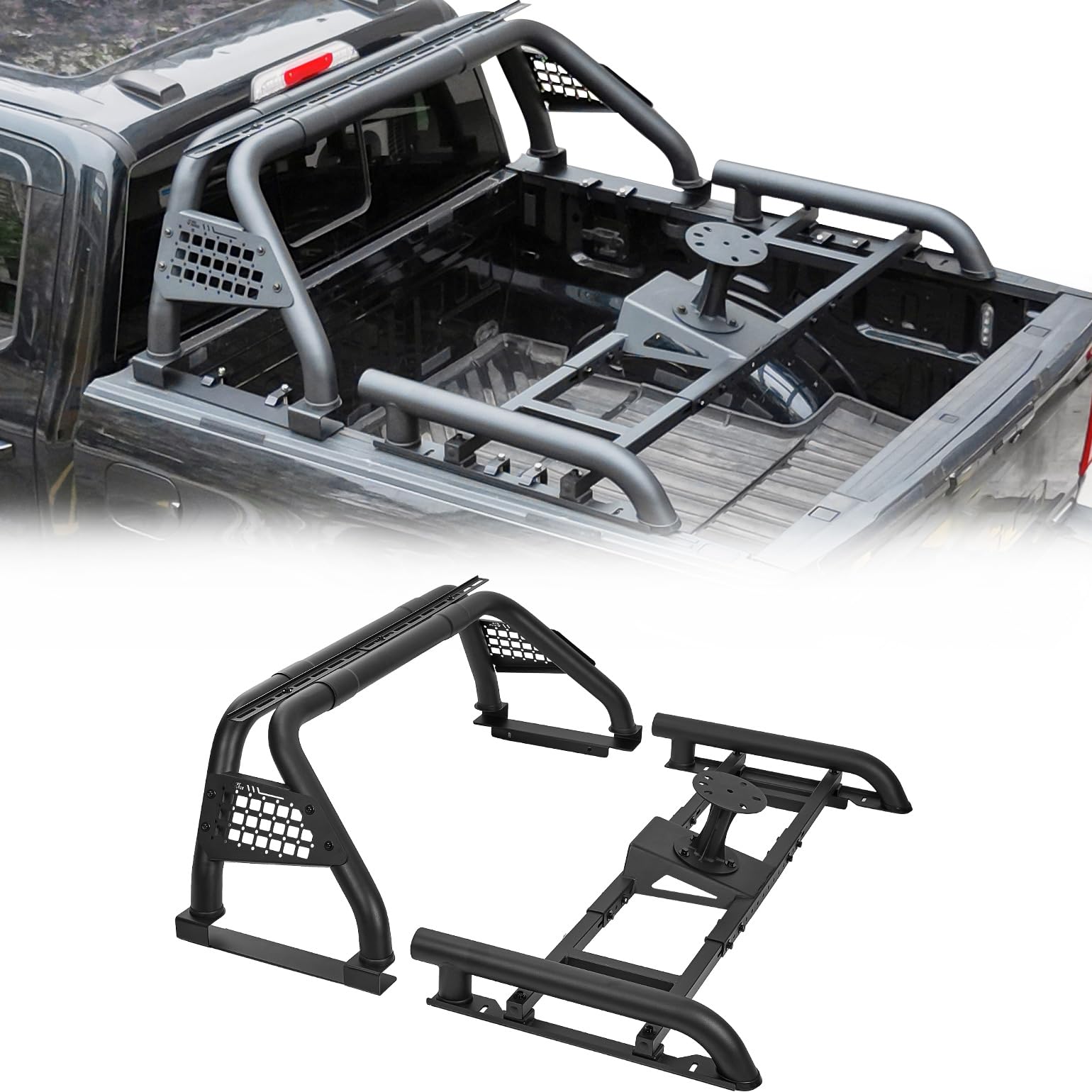 JOYTUTUS Roll Bar with Tire Carrier for Full-Size Truck Adjustable Chase Rack Pickup Sport Bar Compatible with F150, F250, F350,