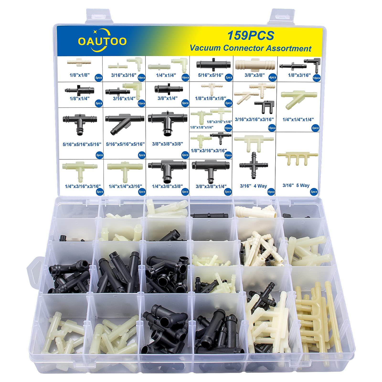 Oautoo 32 Size Automotive Vacuum Tubing Connector Vacuum Tee Connector Assortment Kit 1/8'' 3/16'' 1/4'' 5/16'' 3/8''