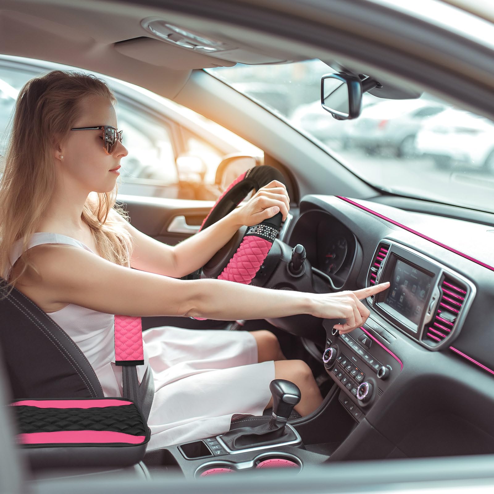 BBTO 43 Pcs Bling Car Accessories Set for Women Front Seats and Rear Bench Polyester Car Seat Protectors Wheel Cover Seat Floor