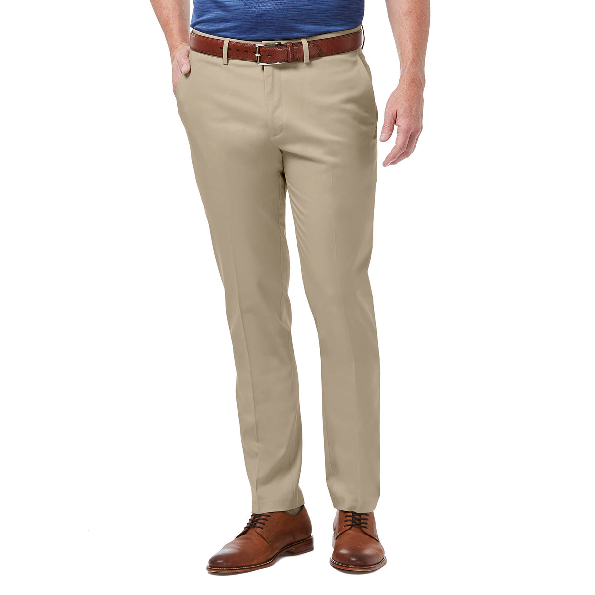 Haggar Mens Premium No Iron Khaki Straight Fit  Slim Fit Flat Front Casual Pant, Khaki Beige, 33W X 30L