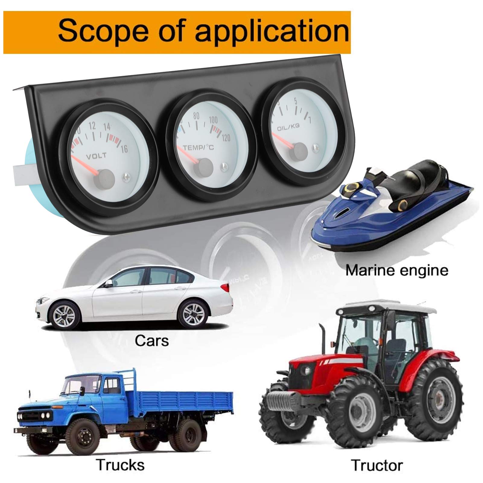 Triple Gauge Set, Triple Gauge Set, Universal Triple Gauge Kit Oil/Volt/Water Car Triple Gauge Kit Water Temp+Volts+Oil Pressure Meter 52Mm Instrument