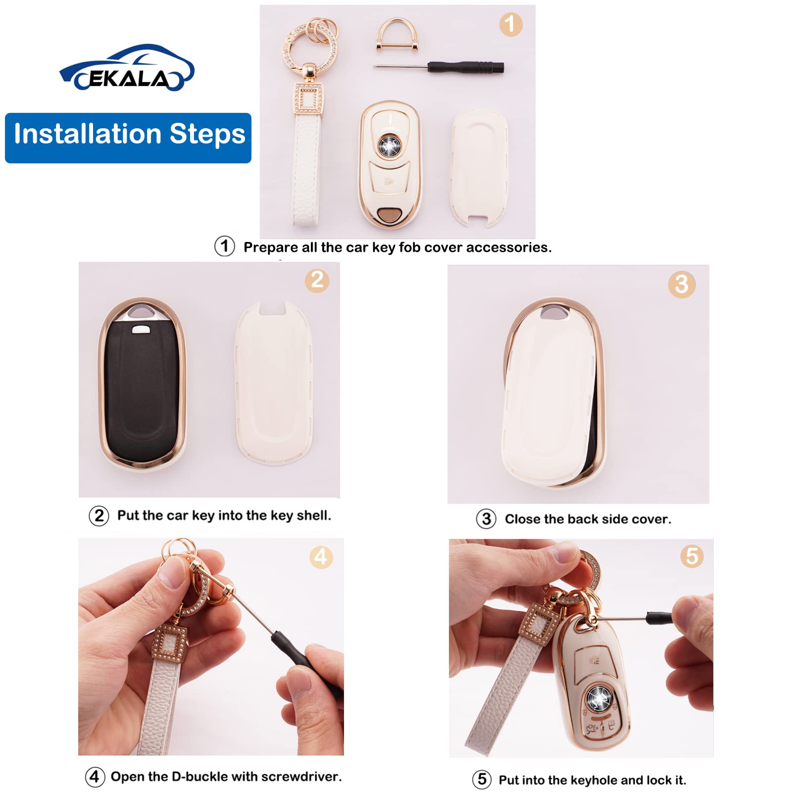 EKALA for Buick Key Fob Cover with Leather Key Fob Keychain, 4 Buttons Soft TPU Keys Case Shell with Gold Keychain Compatible wi