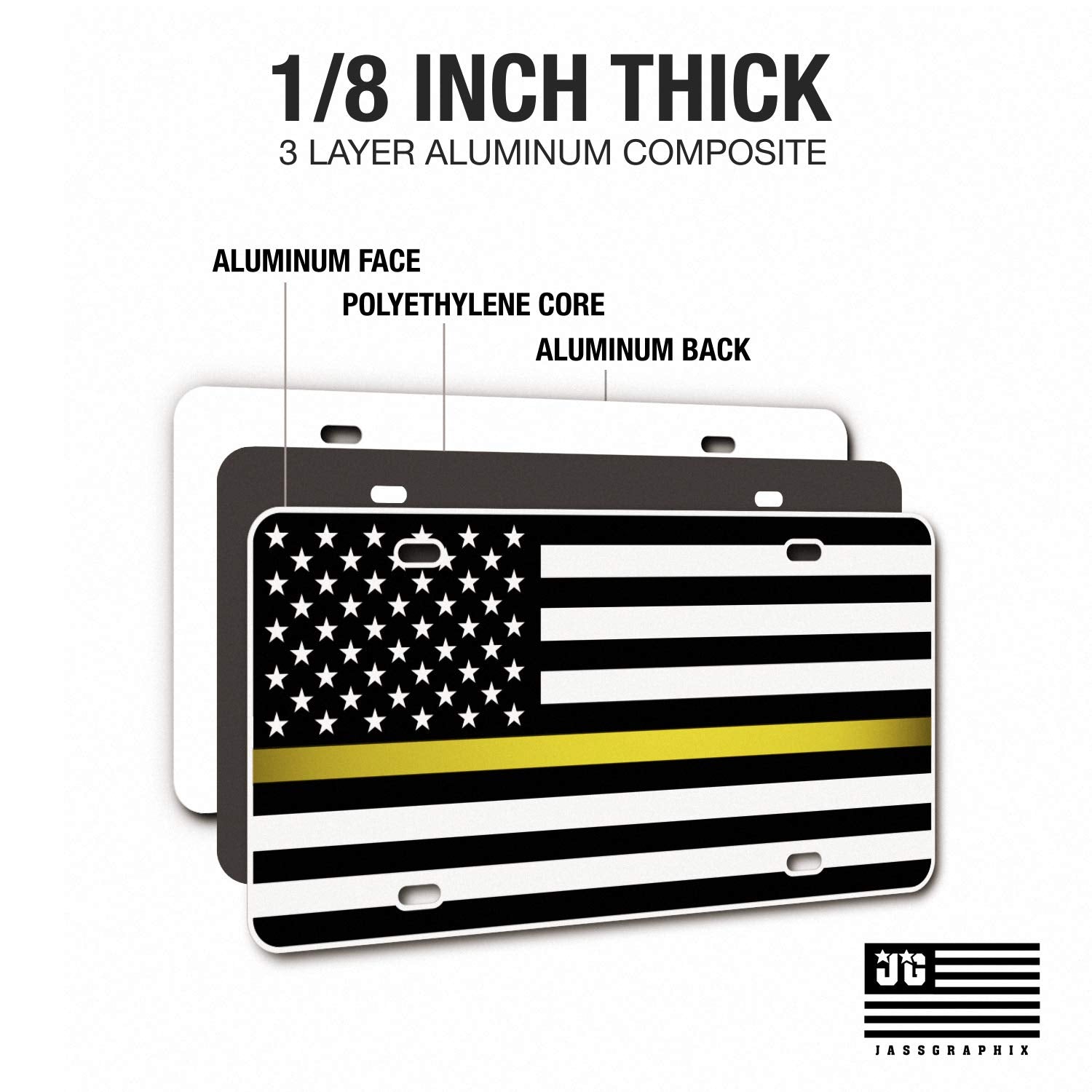 Jass Graphix Dispatcher Thin Yellow Line American Flag License Plate Matte Black On 1/8'' White Aluminum Composite Heavy Duty Ta