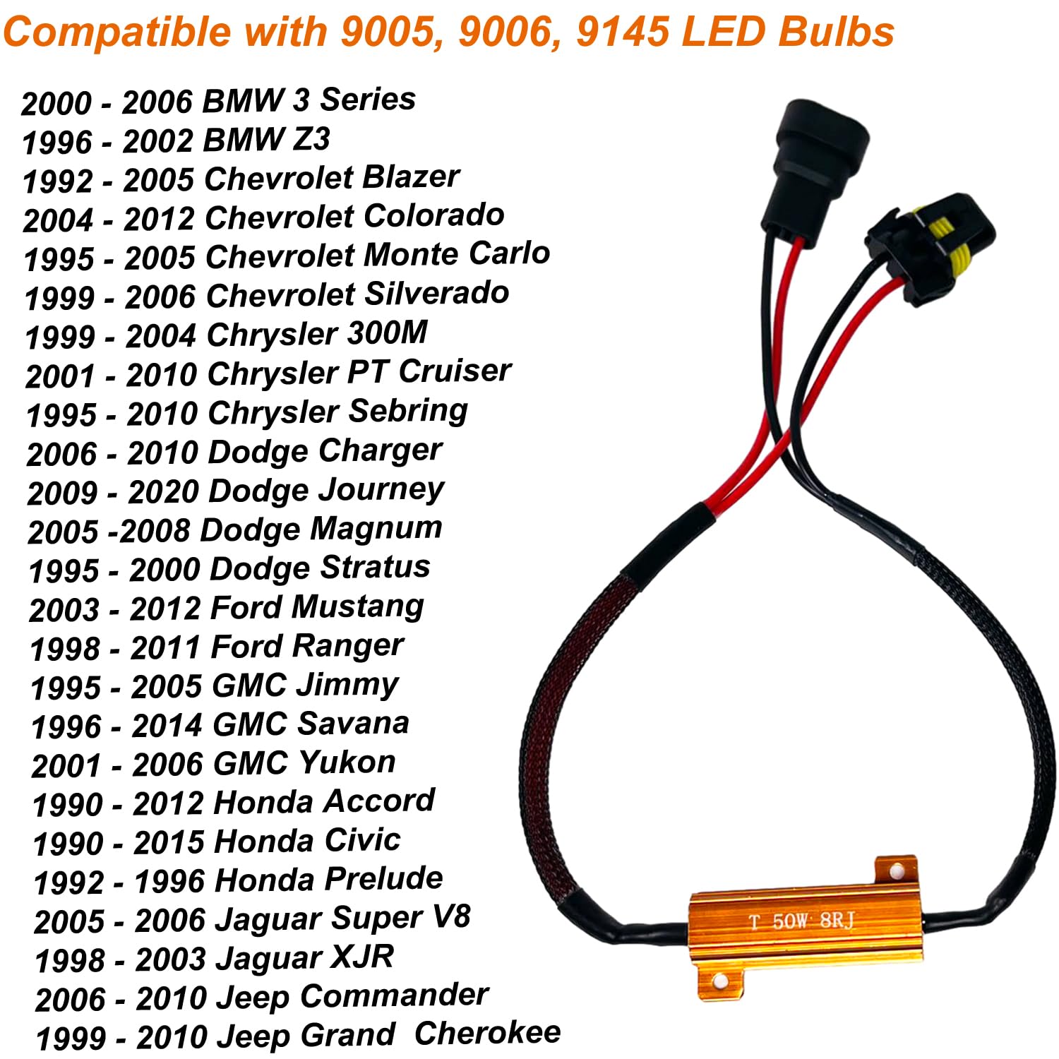 O-Nex 9006 Led Load Resistor Kit 50W 8Ohm Headlight Bulb Relay Harness Adapter Anti Flicker Error Decoder Warning Canceller