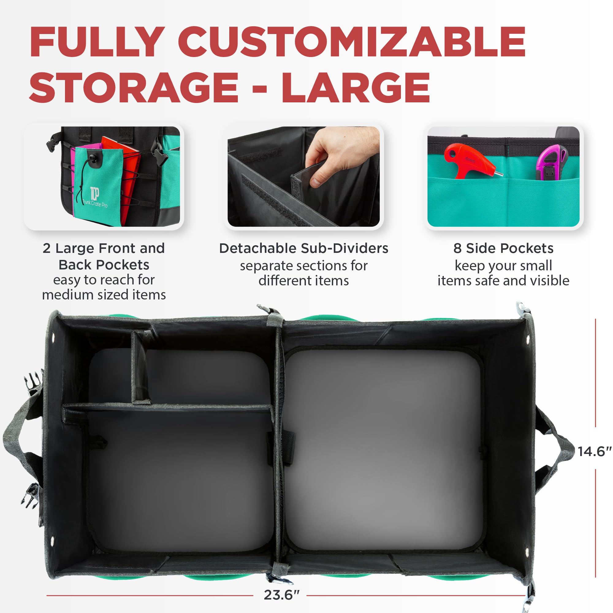 TRUNKCRATEPRO Teal Car Accessories Trunk Organizer Premium Multi Movable Compartments Collapsible car organizer, trunk organizer