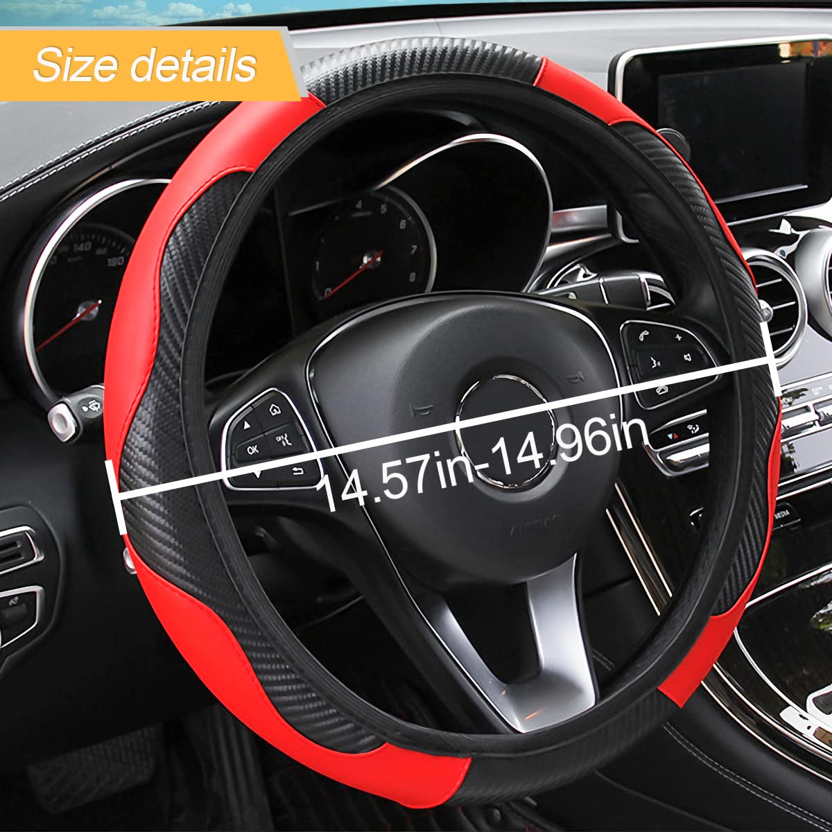 Car Steering Wheel Cover, Microfiber Pu Leather Elastic Carbon Fiber Auto Steering Wheel Protector, 15 Inch Breathable Anti-Slip For Women Men, Car Interior Accessories For Most Cars (Black/Red)