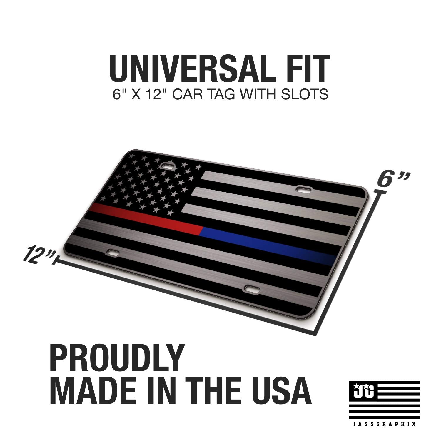 Jass Graphix Thin Blue Line Thin Red Line American Flag License Plate Matte Black On 1/8'' Brushed Aluminum Composite Heavy Duty