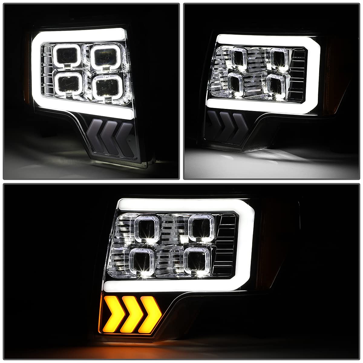 Dna Motoring Hl-Lb-T8-F15009-Sm-Am Pair Auto Update Led Effect Drl Quad Projector Headlight Replacement For 09-14 F150