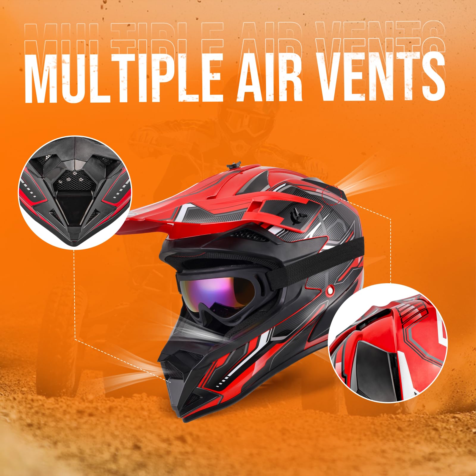 Oumurs Adult Dirt Bike Helmet Atv Helmet With Goggles Gloves & Mask Adjustable Sun Visor Dot/Fmvss-218 Motorcycle Adult Atv Helm