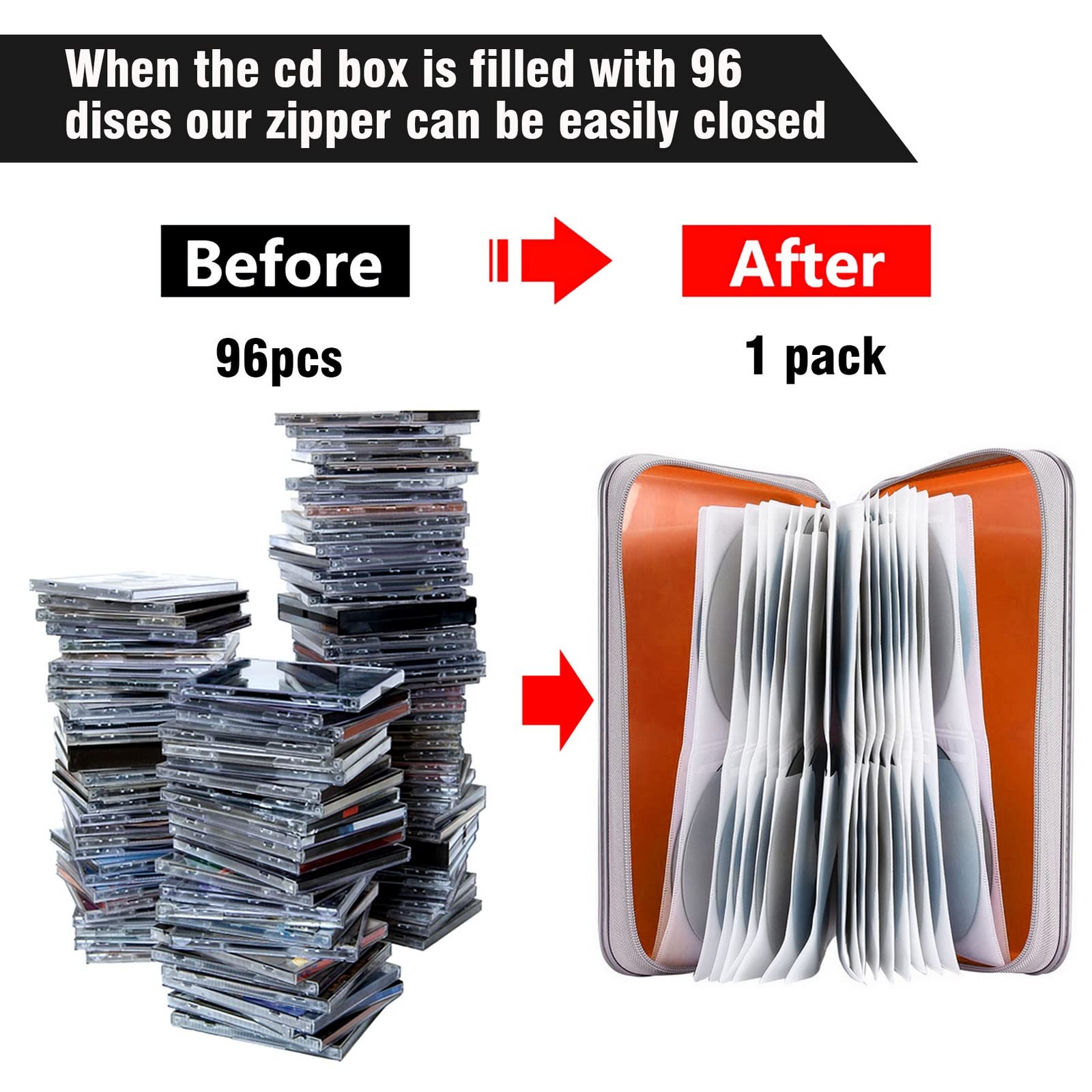 Cd Case, Siveit Dvd Case Holder 96 Capacity Hard Plastic Cd Dvd Disc Cases Storage Binder Wallet For Car Home Office Travel (Ora