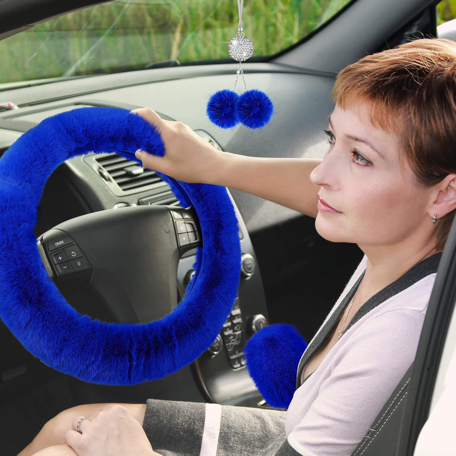 Frienda 6 Pieces Fluffy Car Accessories Set Bling Fluffy Steering Wheel Cover Soft Fuzz Handbrake Gear Shift Cover Bling Mirror