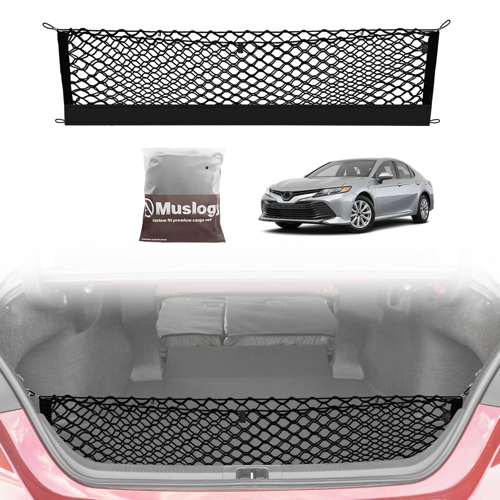 Muslogy Envelope Style Trunk Cargo Net Compatible With 2018-2024 2025 Toyota Camry Accessories Custom Fit Trunk Organizer Upgrad