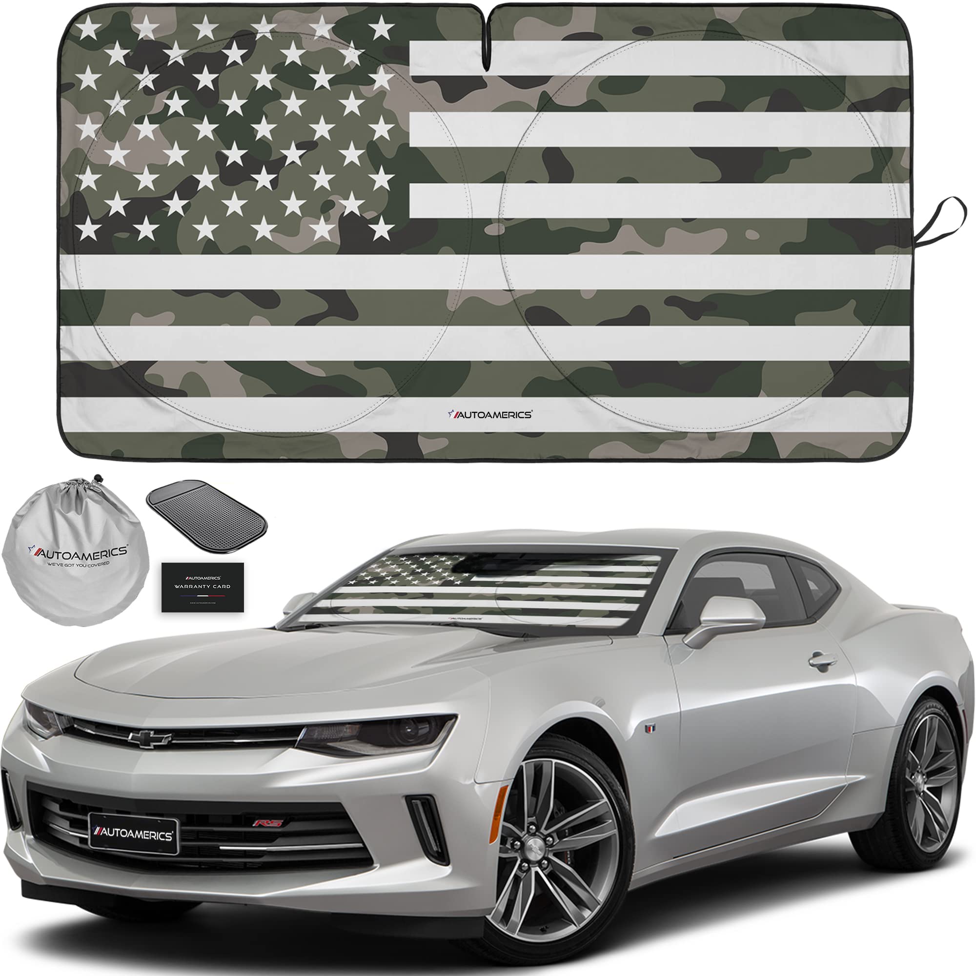 Autoamerics 1-Piece Windshield Sun Shade Green Camo American Flag Usa Design - Foldable Car Front Window Sunshade For Most Sedan