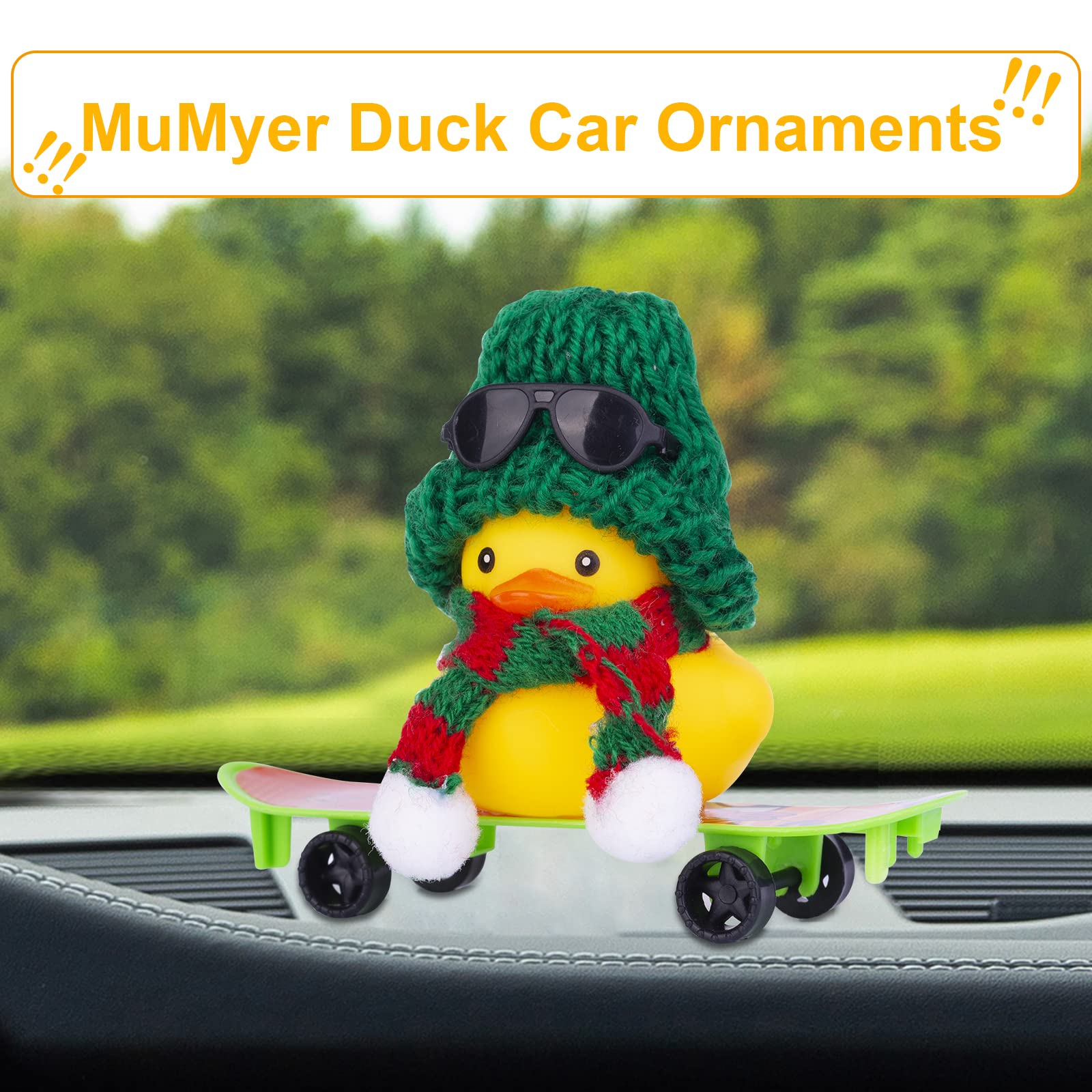 MuMyer Winter Duck Car Dashboard Decorations, Rubber Duck Car Ornaments Accessories with Mini Hat, Sunglasses, Necklace and Skat