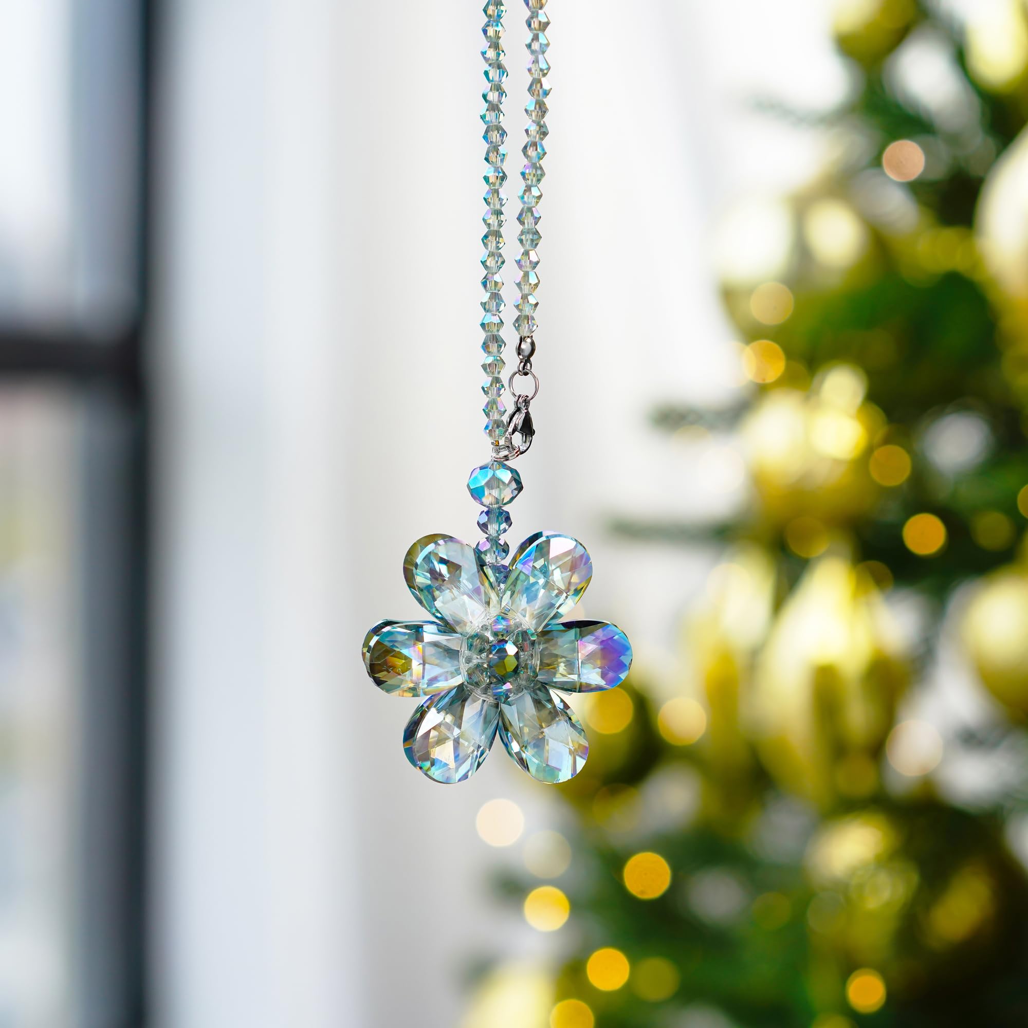 Crystal Flower Car Rear View Mirror Pendant Car Accessories Mirror Hanging Ornament Fengshui Crystal Auto Interior Decoration