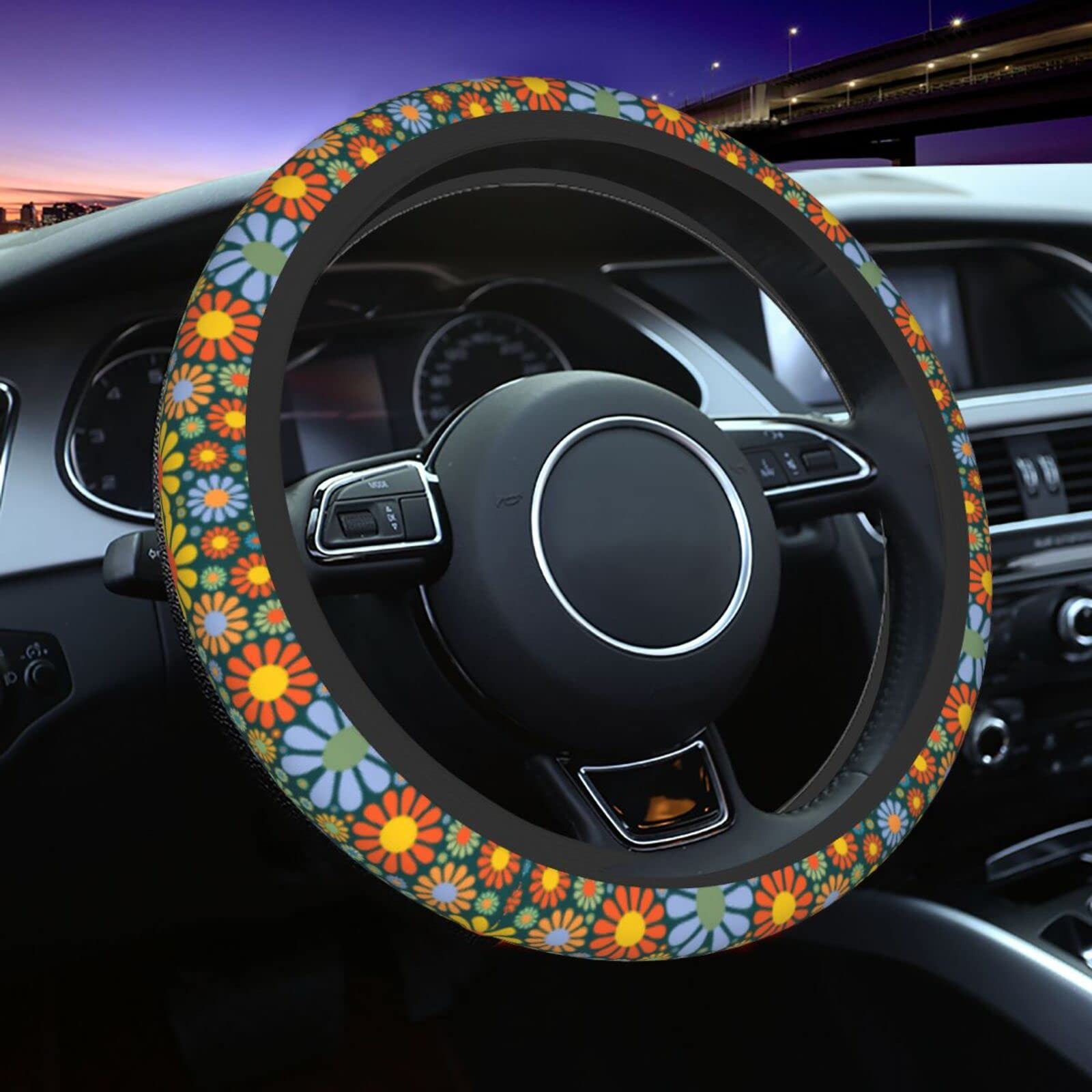 Hippie Daisy Flower Steering Wheel Cover for Women Men with 2 Pcs Car Coasters, Universal 14.5-15 Inch Rainbow Steering Wheel Co