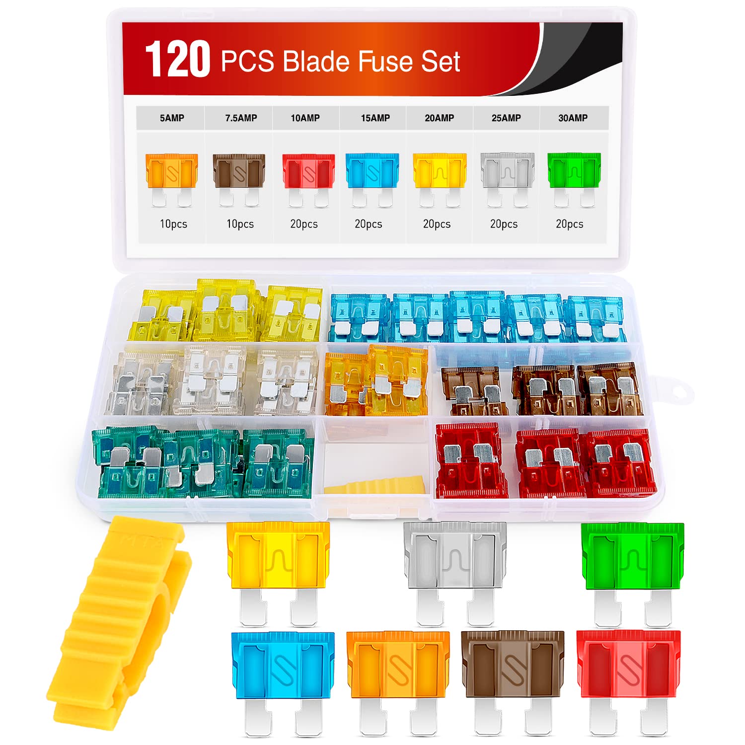 Nilight - 50016R 120 Pcs Standard Fuse Assortment Kit - 5, 7.5, 10, 15, 20, 25, 30 Amp - Regular Apr/Ato (Open)/Atc Blade Fuses 
