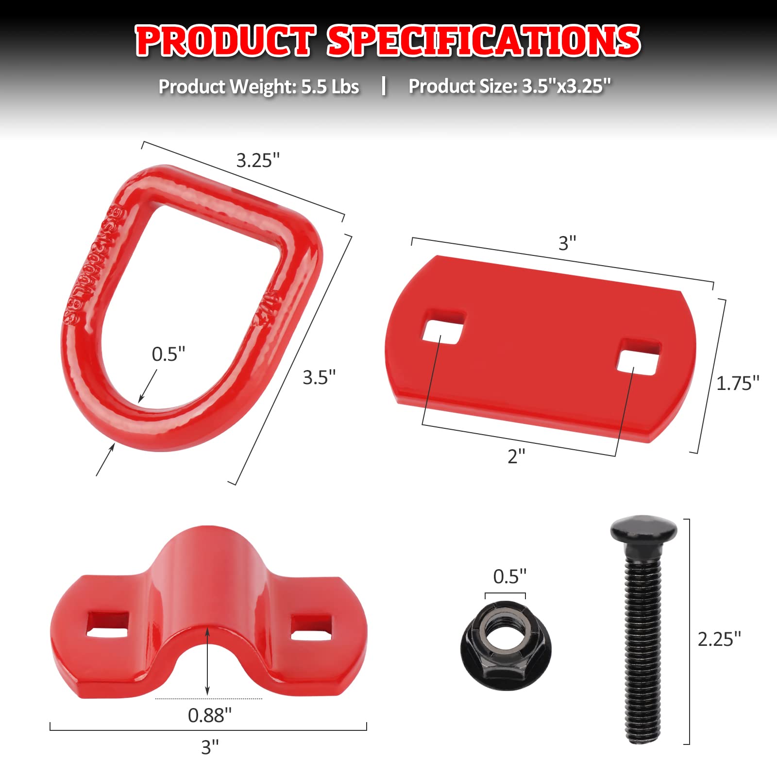 AUTOBOTS 1/2" Heavy Duty Bolt-On Forged D Ring Tie Down Anchors, 12000Lbs Strength, Red (Pack of 4)