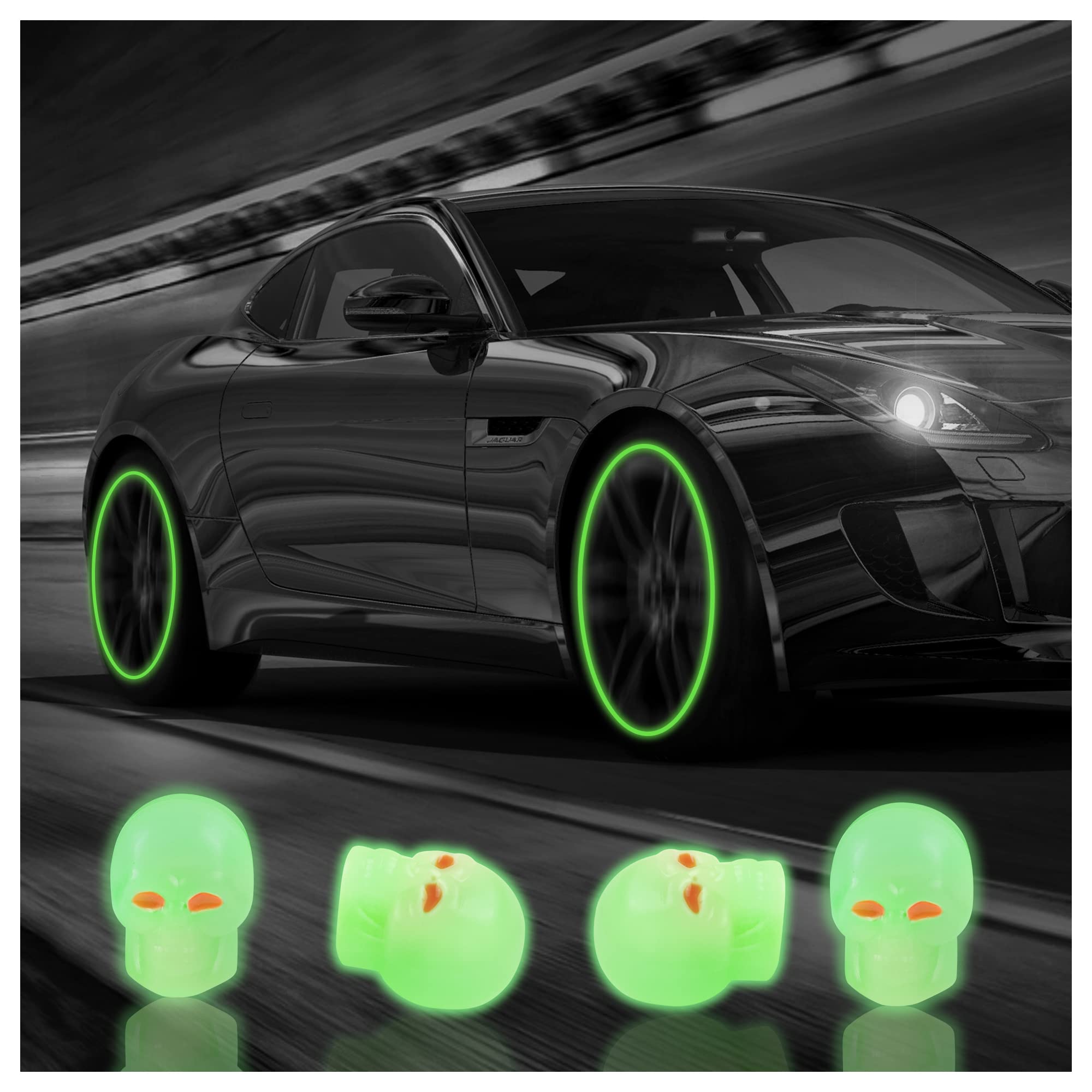 Junecarp 4Pcs Luminous Skull Tire Air Valves Stem Caps,Fluorescent Tire Valve Caps,Universal Tire Valve Stem Covers Accessories For Car Truck Motorcycles Bike (Skull Green)…
