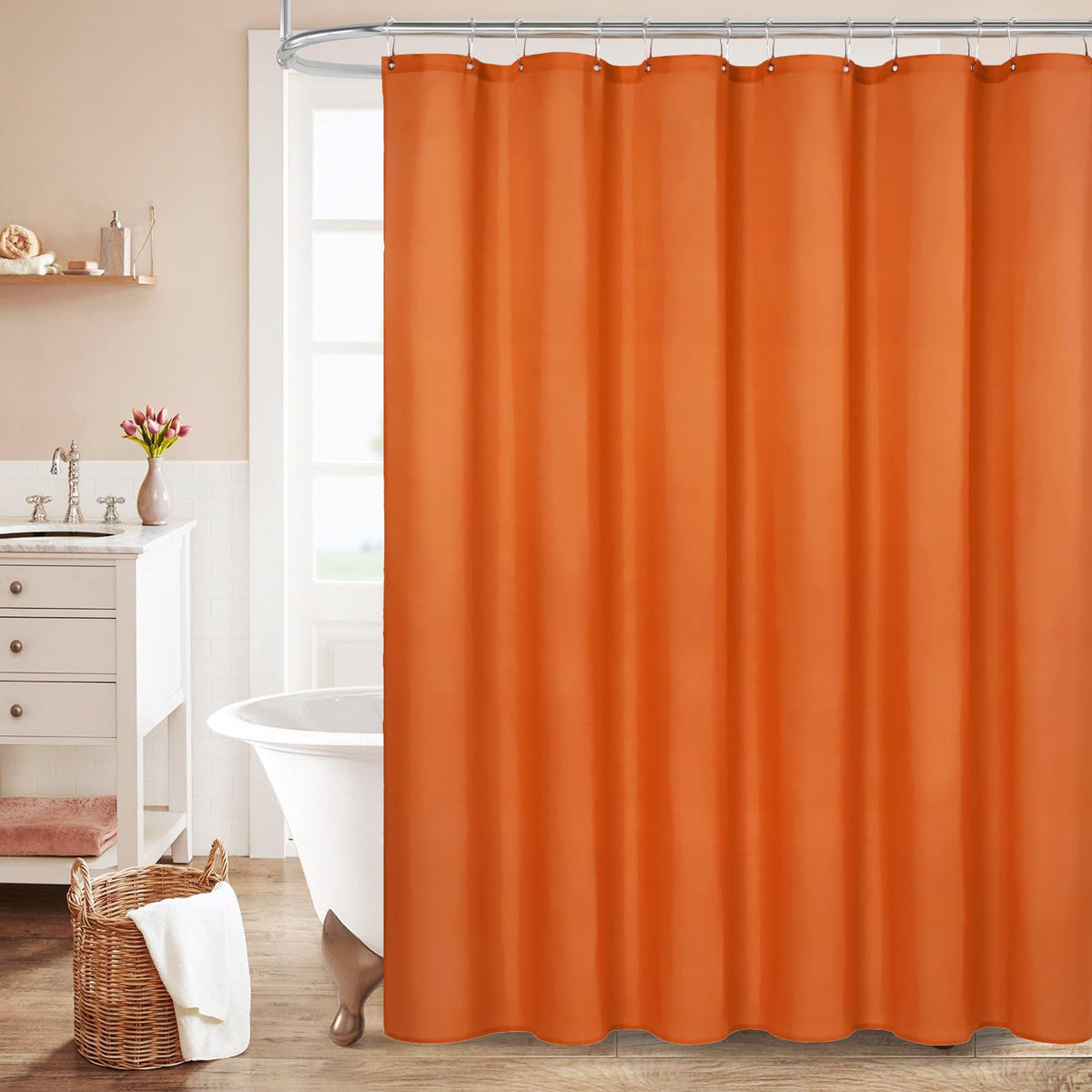 Mitovilla Extra Long Shower Curtain Liner - 72 X 84 Inches, Burnt Orange Shower Liner Fabric With Plastic Hooks, Waterproof Bath Curtain Liner Polyester Soft Lightweight, Washable