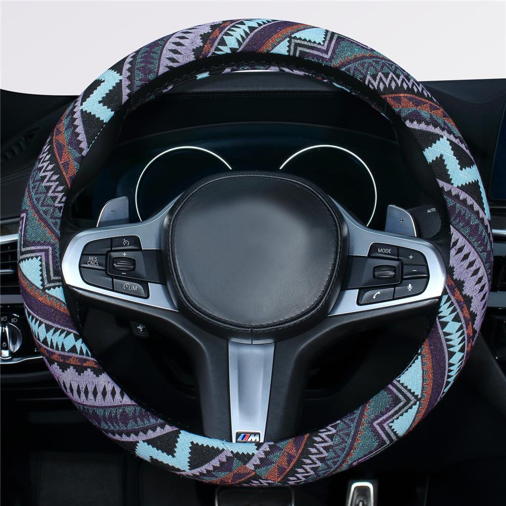 Istn Ethnic Style Coarse Flax Cloth Automotive Steering Wheel Cover Anti Slip And Sweat Absorption Auto Car Wrap Cover (M, 14.5'