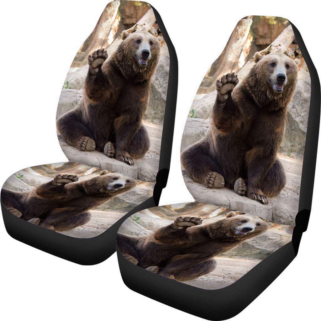 Buybai Car Seat Covers 2Pcs Trendy Brown Bear Waving Pattern Front Bucket Seat Cover Velvet Fabric Black Auto Accessories Univer