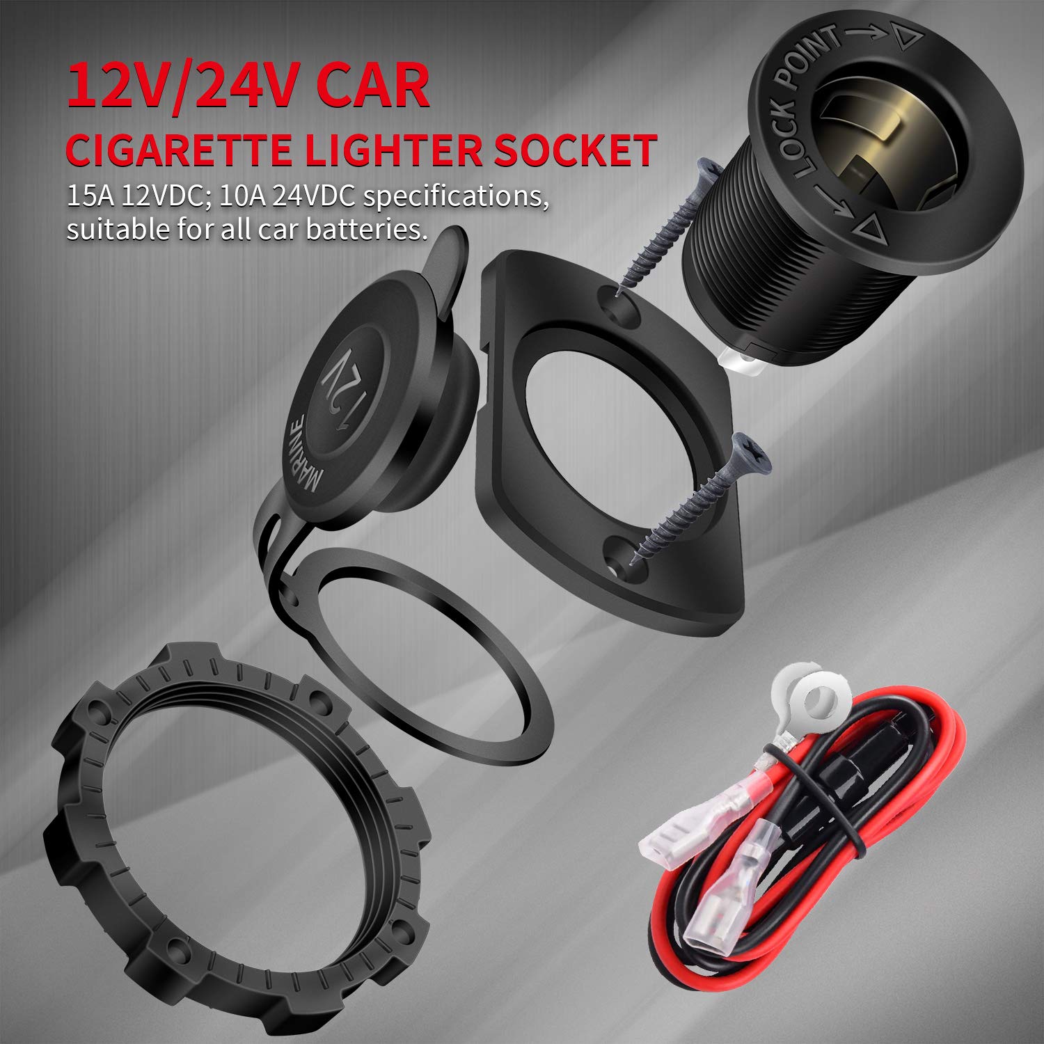 DaierTek 12V Cigarette Lighter Socket Replacement Female Connector DC Socket Power Outlet Cigarette Lighter Outlet with Wire Fus