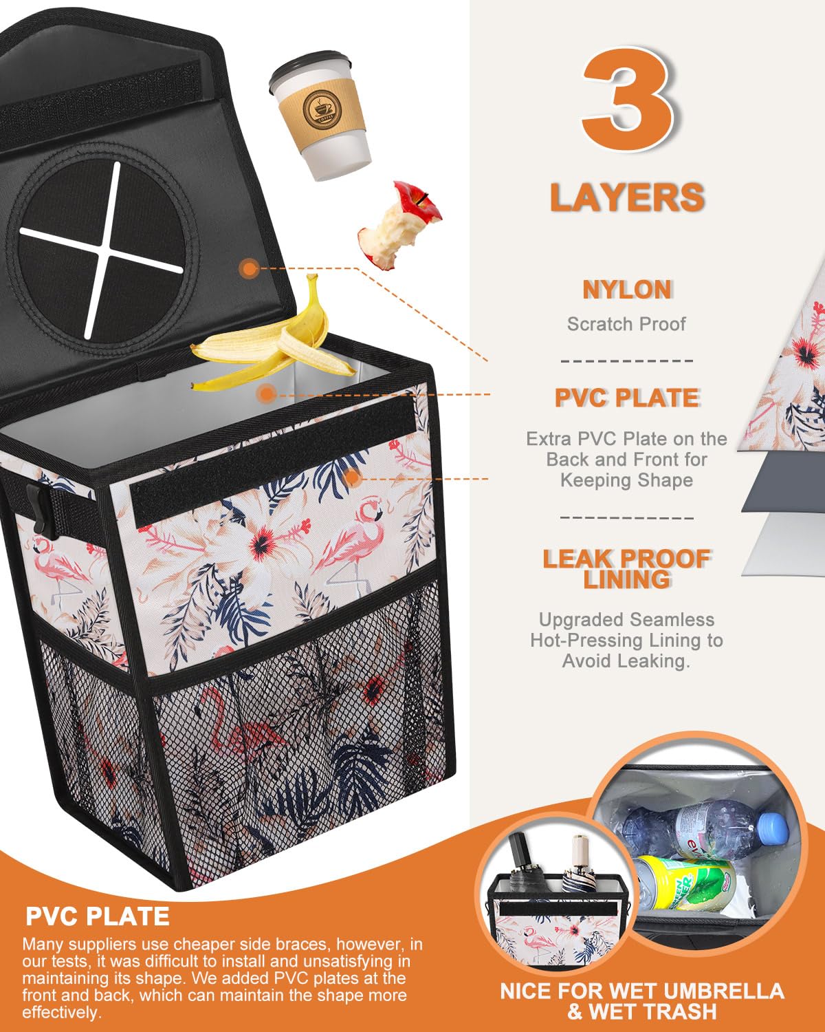 Pritent Car Trash Can With Lid, Cute Leakproof Car Trash Garbage Bag Hanging Vehicle Trash Bin Small Portable Automotive Garbage