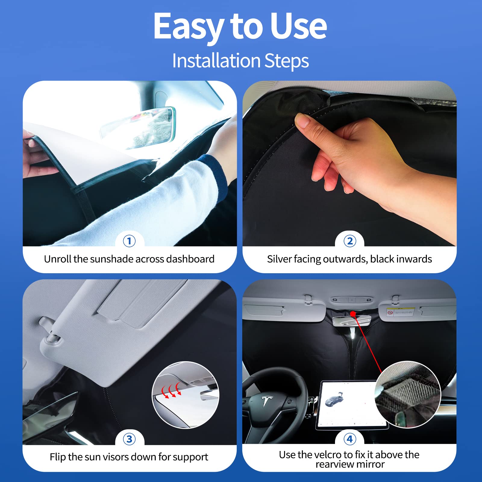 Upgraded Sunshade for Tesla Model 3/Y Windshield, Improved UV Protection Fabric, Metal Frame, Full-Size Foldable Front Sun Shade